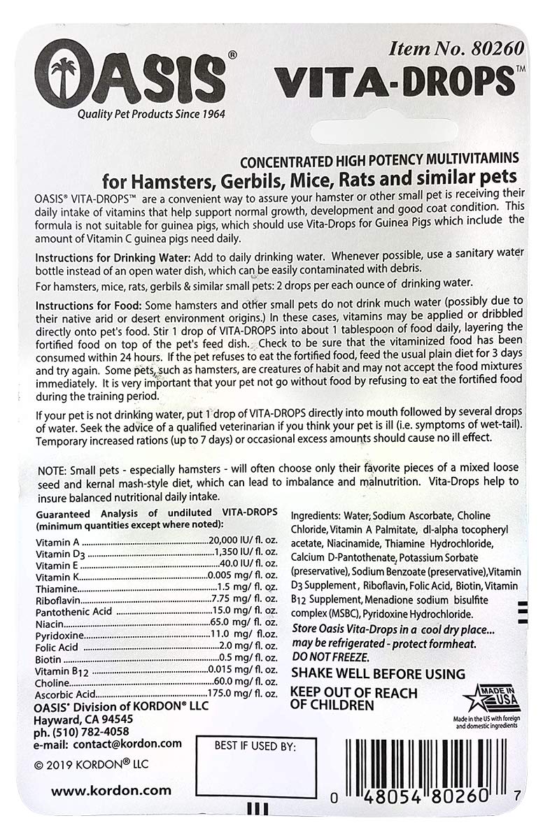 Oasis Hamster Vita-Drops All-in-1 Multivitamin Supplement for Small Pets - Supports Healthy Bones, Teeth, Joints & Digestion | Promotes Skin & Coat Health | Orange Flavor 2oz | Ideal for Daily Hamster Care & Wellness Routine