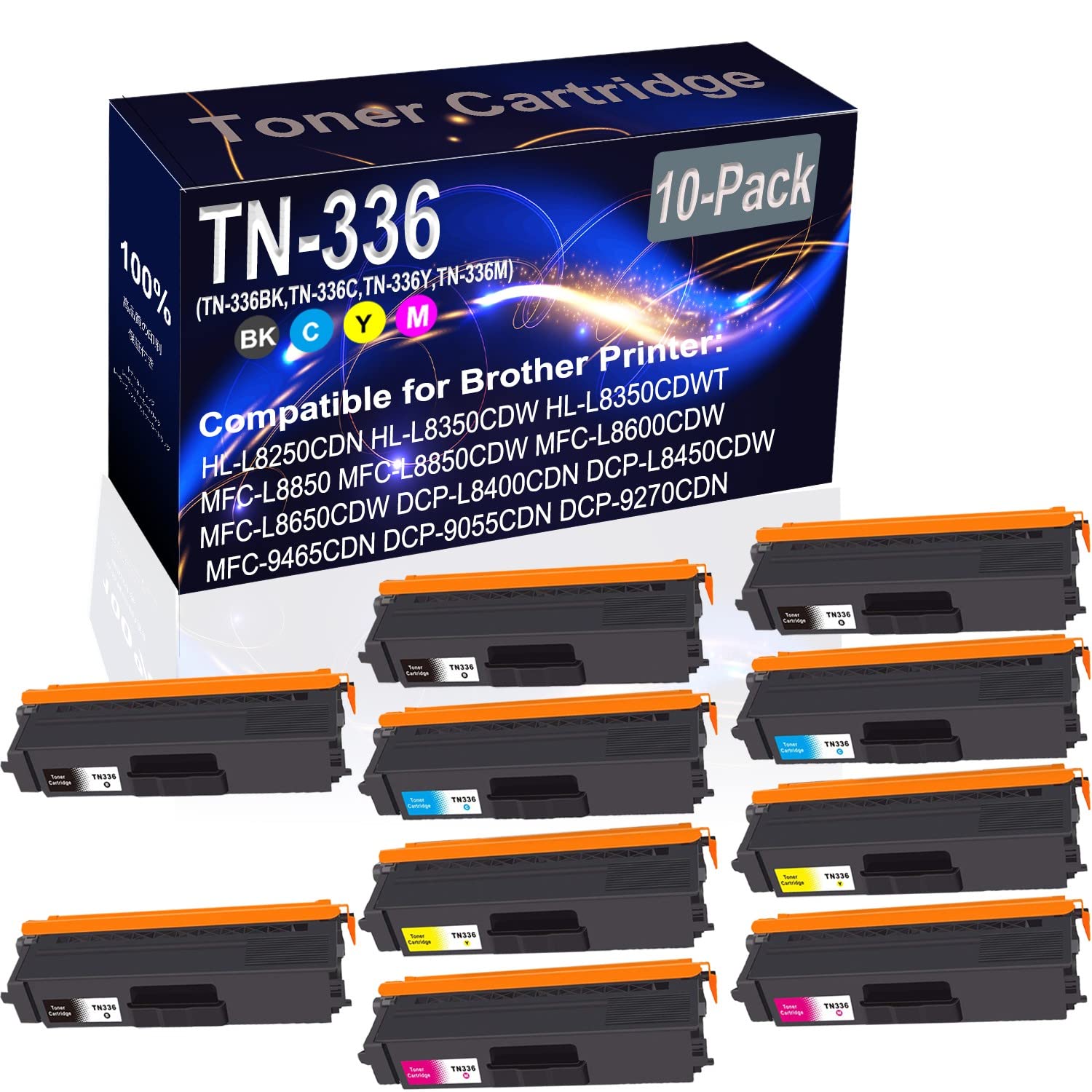 10-Pack (4BK+2C+2Y+2M) High Capacity Compatible HL-L8250CDN Laser Printer Toner Cartridge - Replacement for TN336/TN-336 Series (BK/C/Y/M) - Perfect for Office & Home Printing Needs