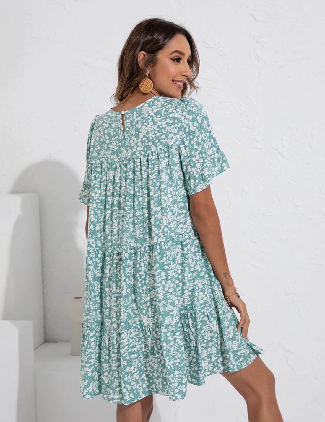 Locachy Women's Summer Floral Print Ruffle Sleeve Pleated Mini Dress - Casual Round Neck Sundress for Beach, Vacation & Date Night