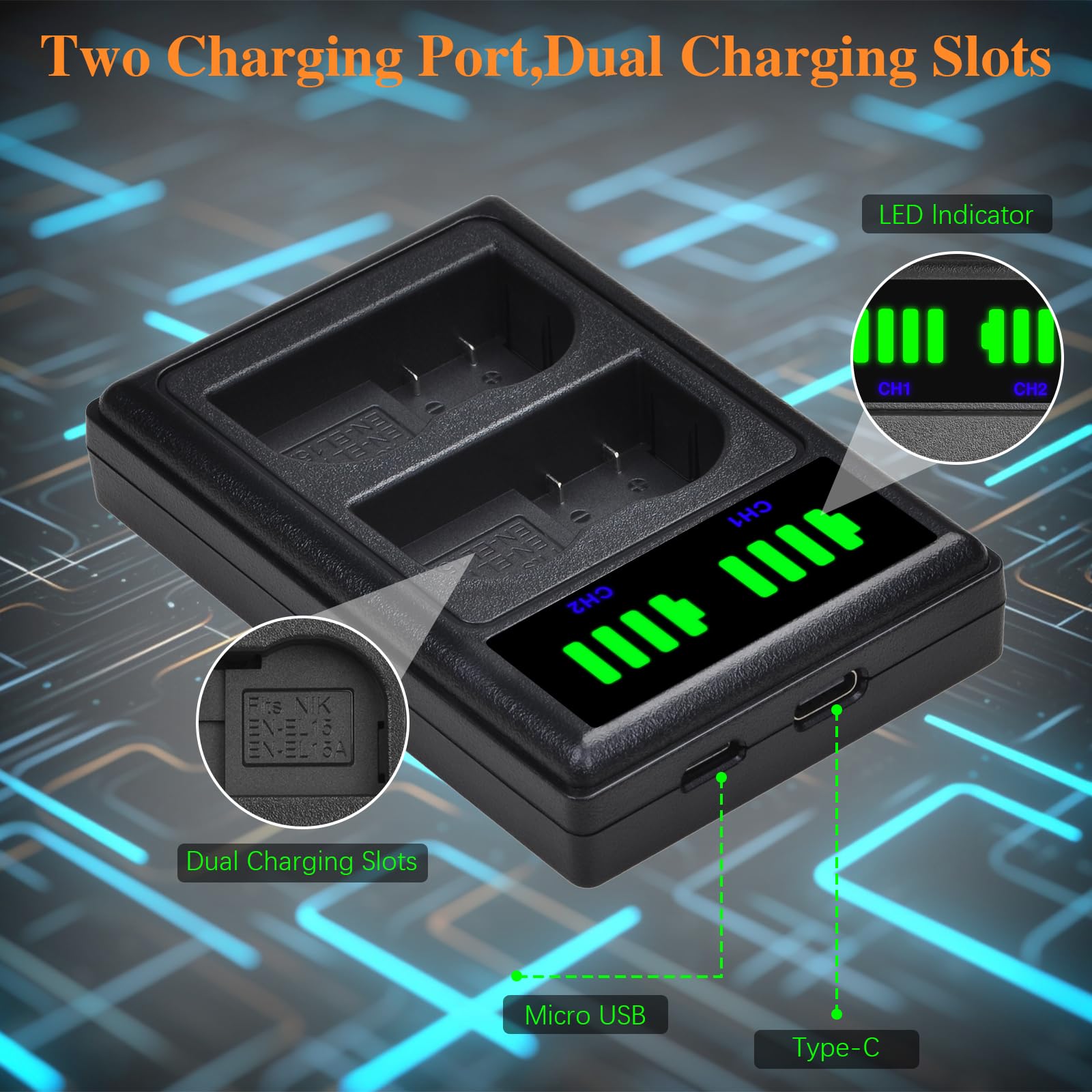 EN-EL15C EL15a EL15b EL15 Battery and LED Dual Charger for Nikon Z6 Z7 D850 D750 D810 D7500 D7200 D7100 D7000 D500 D600 D610 D800 D800E D810A - Fast Charging Solution for Professional Photography, Travel and Outdoor Shooting