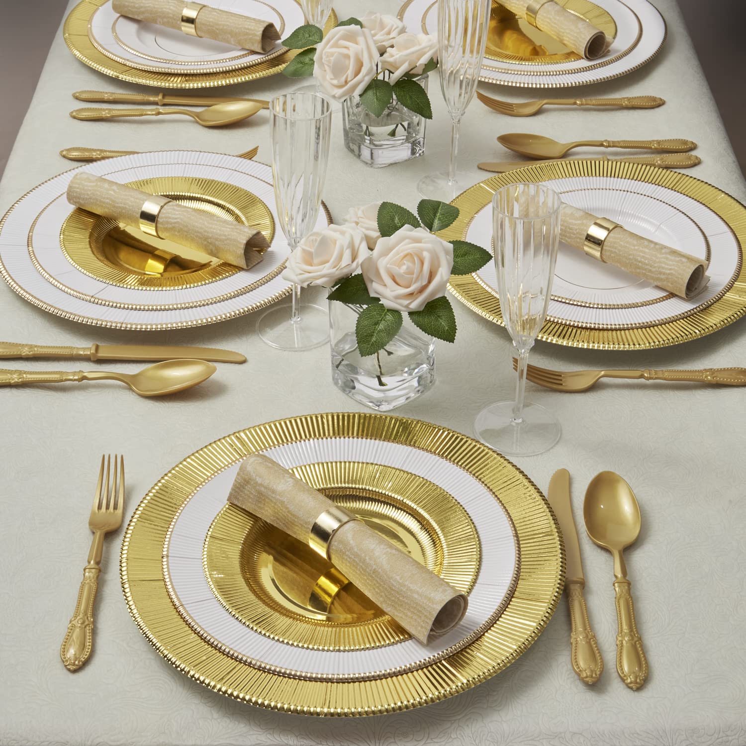 Premium 10-Pack Gold Disposable Round Rippled Rim Charger Plates - Elegant Silver Spoons Collection for Weddings, Parties & Special Events