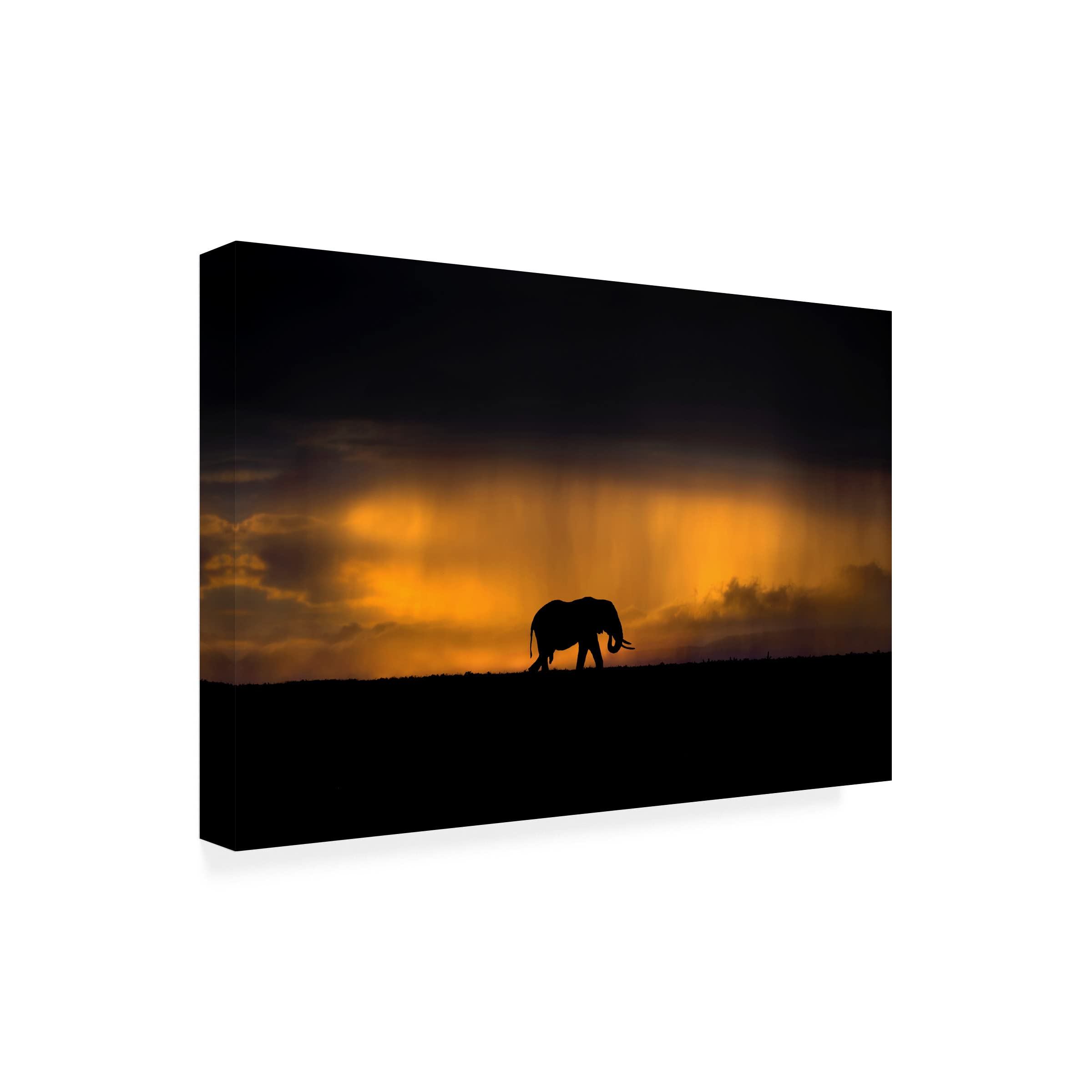 Xavier Ortega 'Elephant In A Rain Storm At Sunset' Canvas Wall Art Print - Handmade Elephant Painting for Living Room, Bedroom & Office Decor