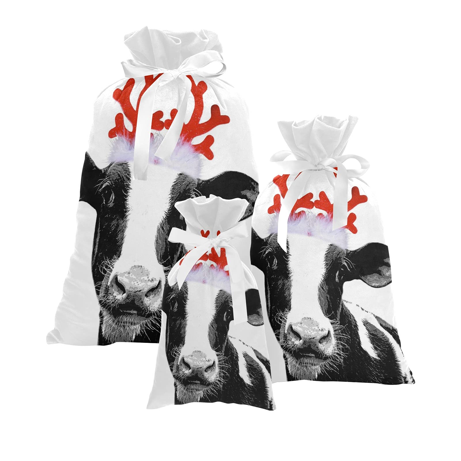 Reusable Drawstring Gift Bags with Red Antler Cow Design - 3 Pack for Christmas, Wedding, Anniversary, Birthday & Holiday Parties | Perfect for Party Favors, Gift Wrapping & Storage