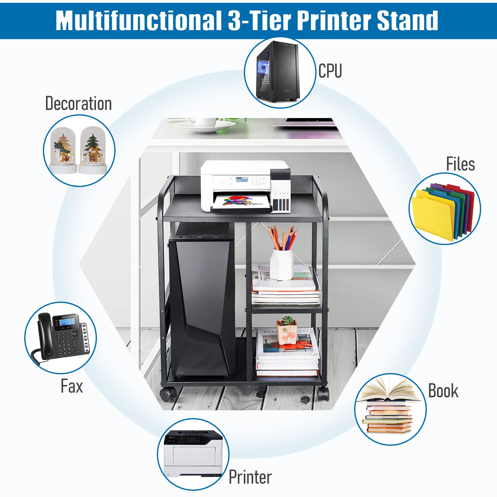 3-Tier Rolling Mobile Printer Stand with Storage & Hanging Bag - Under Desk Computer Tower Organizer for Home Office - Compact Workspace Solution for Printers, Scanners & Office Supplies (Black)