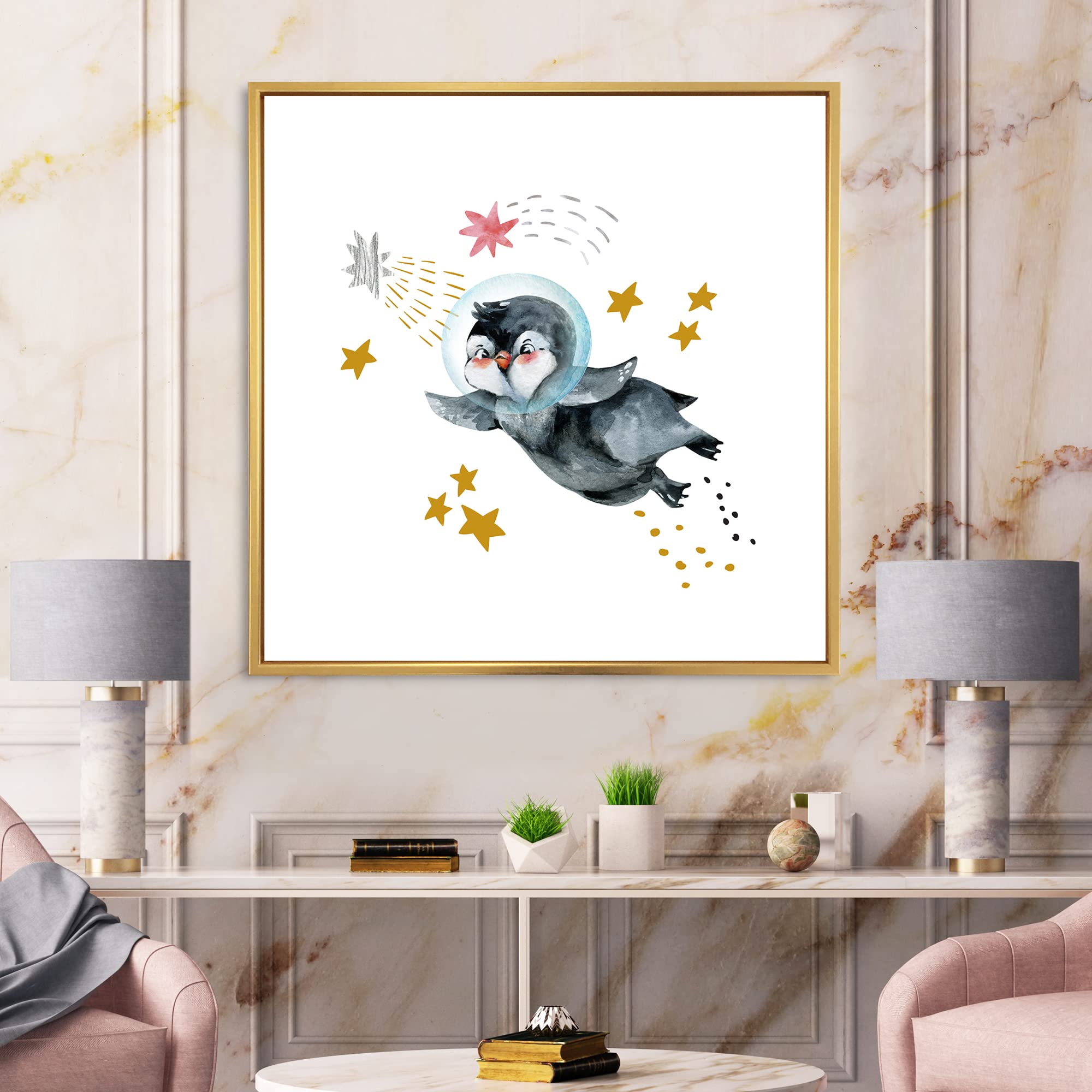 Little Penguin Flying Stars and Planets I - Farmhouse Framed Canvas Wall Art Print - Nursery Decor, Kids Room Decor, Living Room Wall Art
