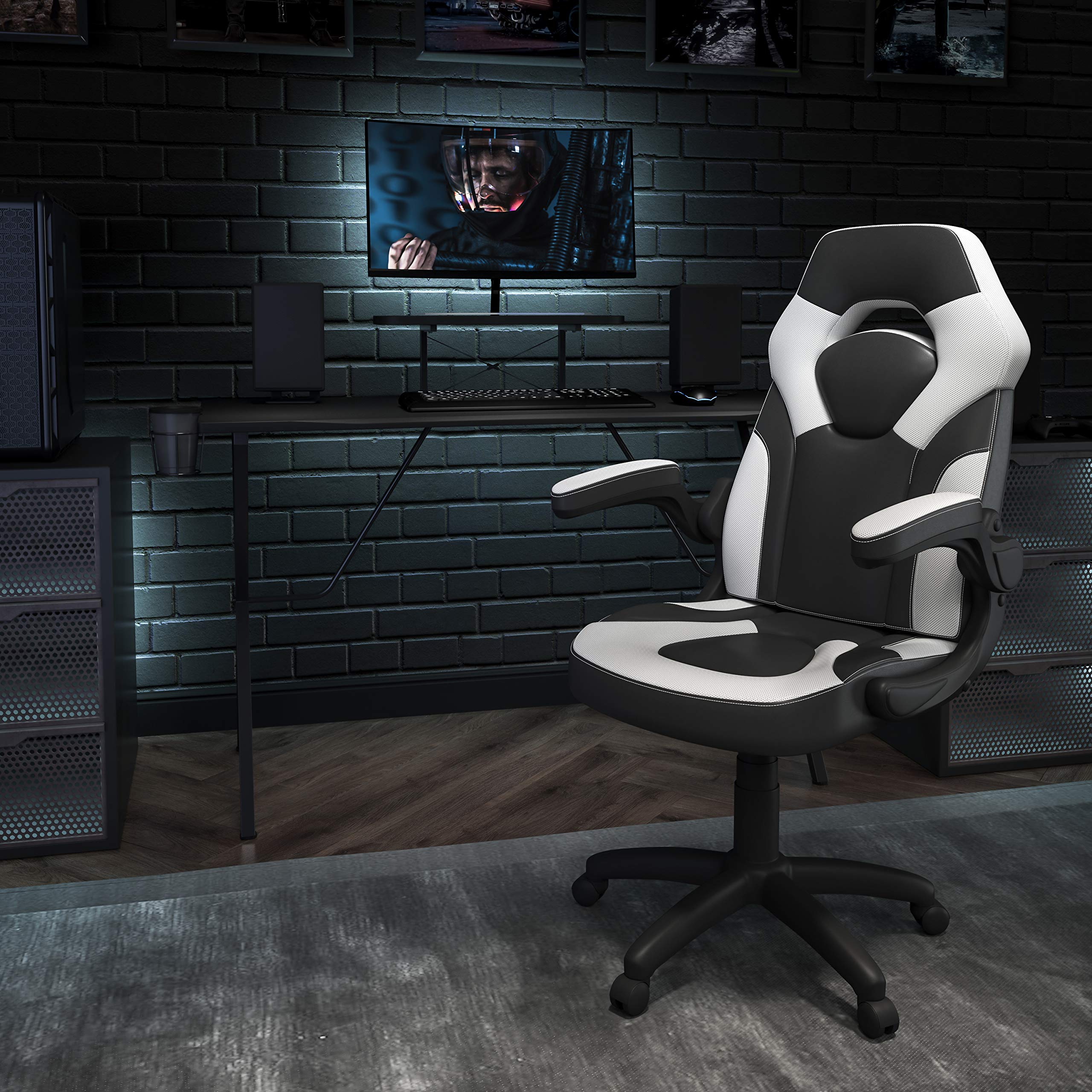 Black & White Gaming Desk Set with Cup Holder, Headphone Hook & Monitor Stand - Perfect for PC Gaming Setup, Streaming & Home Office Workspace