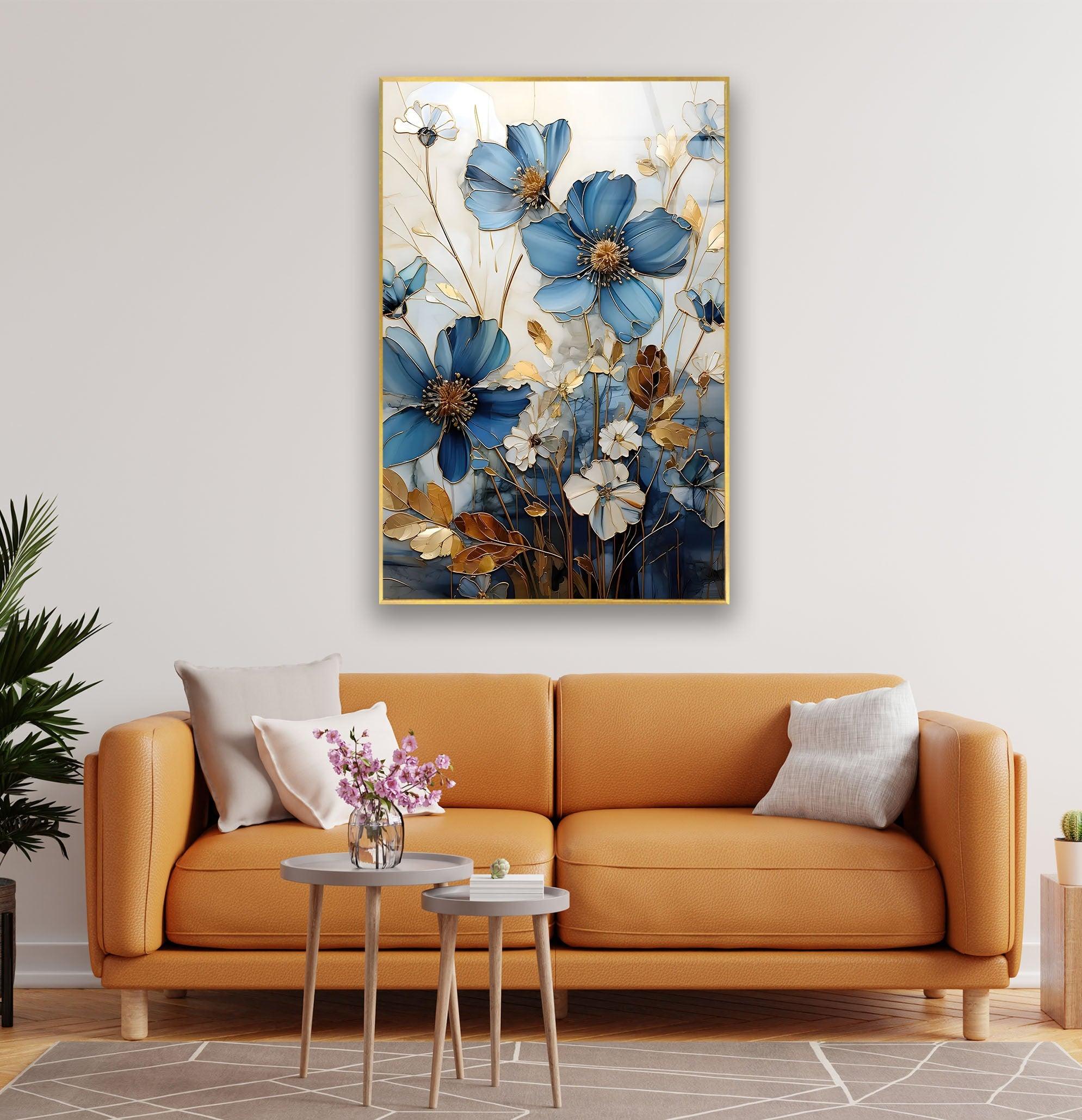 Blue and White Botanical Glass Wall Art - Handmade Floral Decor for Living Room, Bedroom, or Office - Perfect for Home and Office Decorations