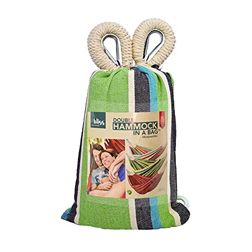 Bliss Hammocks BH-401-CC Double Hammock in a Bag - Portable & Durable Hand-Woven Cotton Polyester Hammock for Camping, Hiking, Backyard, Beach - Supports 265 lbs - Country Club Stripe Design - Perfect for Outdoor Relaxation & Travel