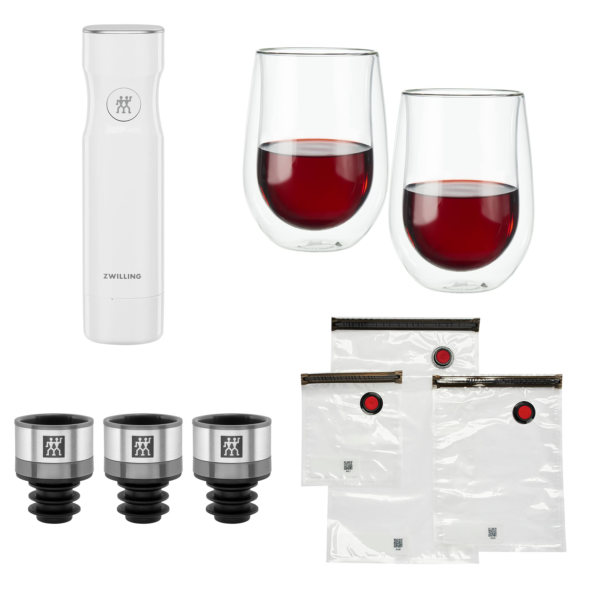 ZWILLING Fresh & Save Wine Gift Set – Cordless Vacuum Sealer Machine with Hand Pump, Vacuum Wine Stoppers & Double-Wall Insulated Wine Glasses, Includes 10-Piece Vacuum Bag Set (Perfect for Wine Preservation, Gifts & Home Entertaining)