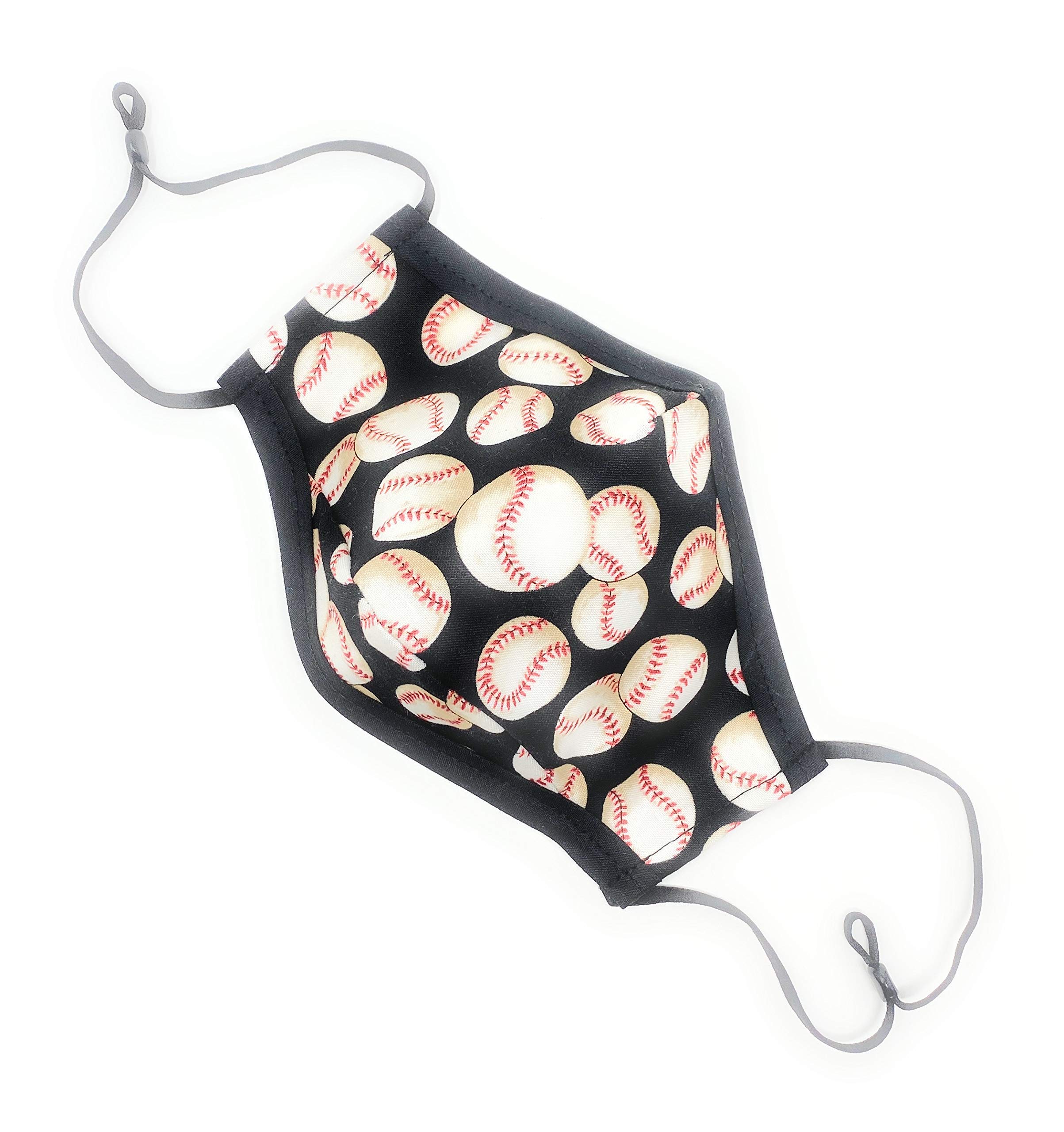 Black Baseballs Print 3D Face Mask for Adults, Teens & Kids - Adjustable Nose Clip, Triple-Layer Cotton, Handmade in USA - Perfect for Baseball Games, Outdoor Activities & Daily Protection
