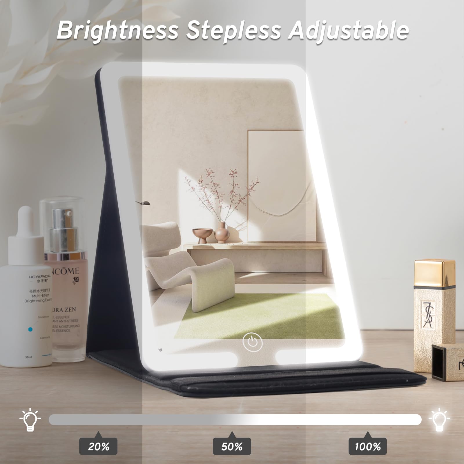 Rechargeable LED Travel Makeup Mirror with 3 Light Settings - 8x5.5 Inch Ultra-Slim Portable Vanity Mirror with PU Leather Cover & 1500mAh Battery - Perfect for Home, Travel, and Professional Makeup Application