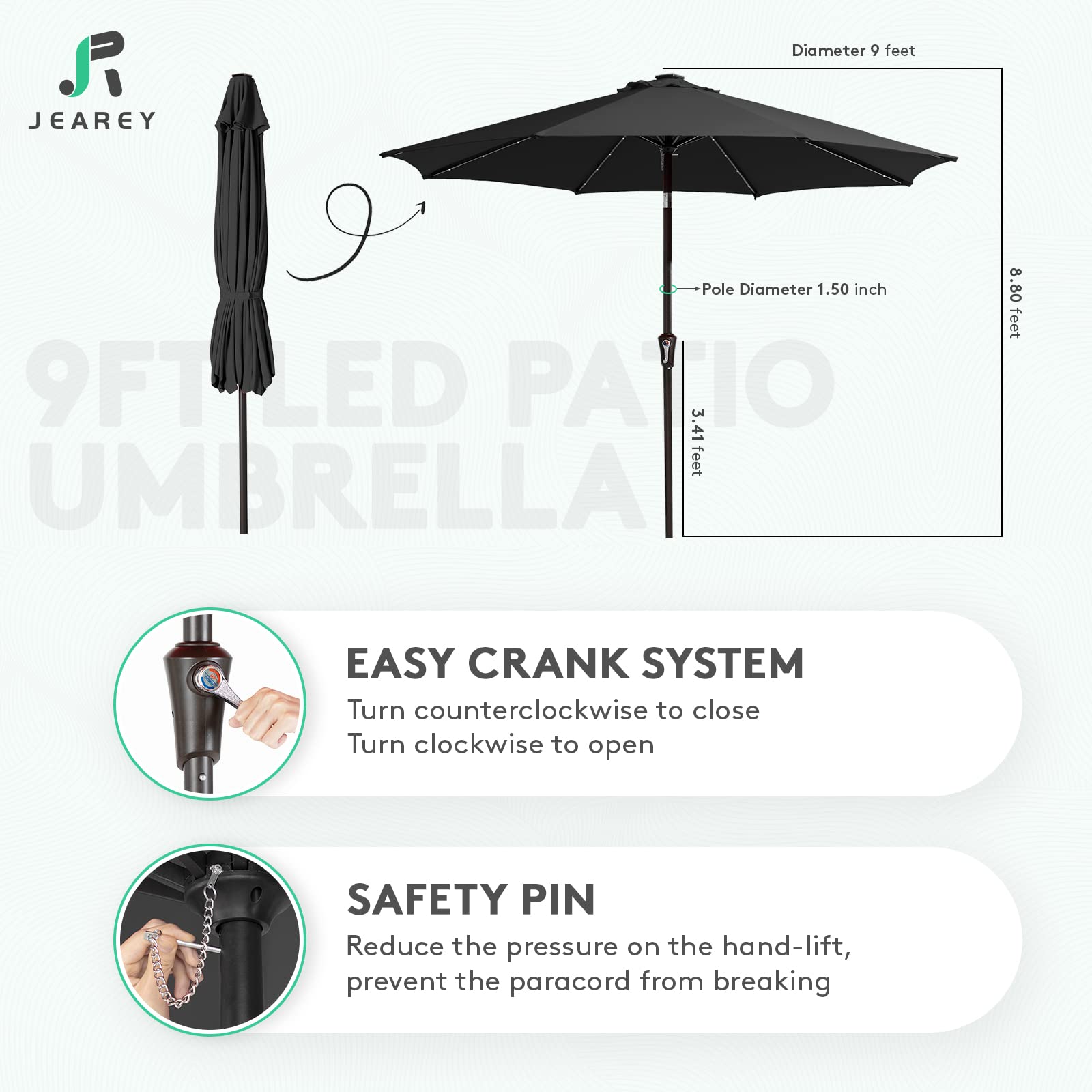 JEAREY 9FT Solar LED Patio Umbrella with Tilt Function - Waterproof Outdoor Table Umbrella for Poolside, Garden, Deck & Backyard (Black) - Perfect for Summer Parties, Beach Lounging & Outdoor Dining