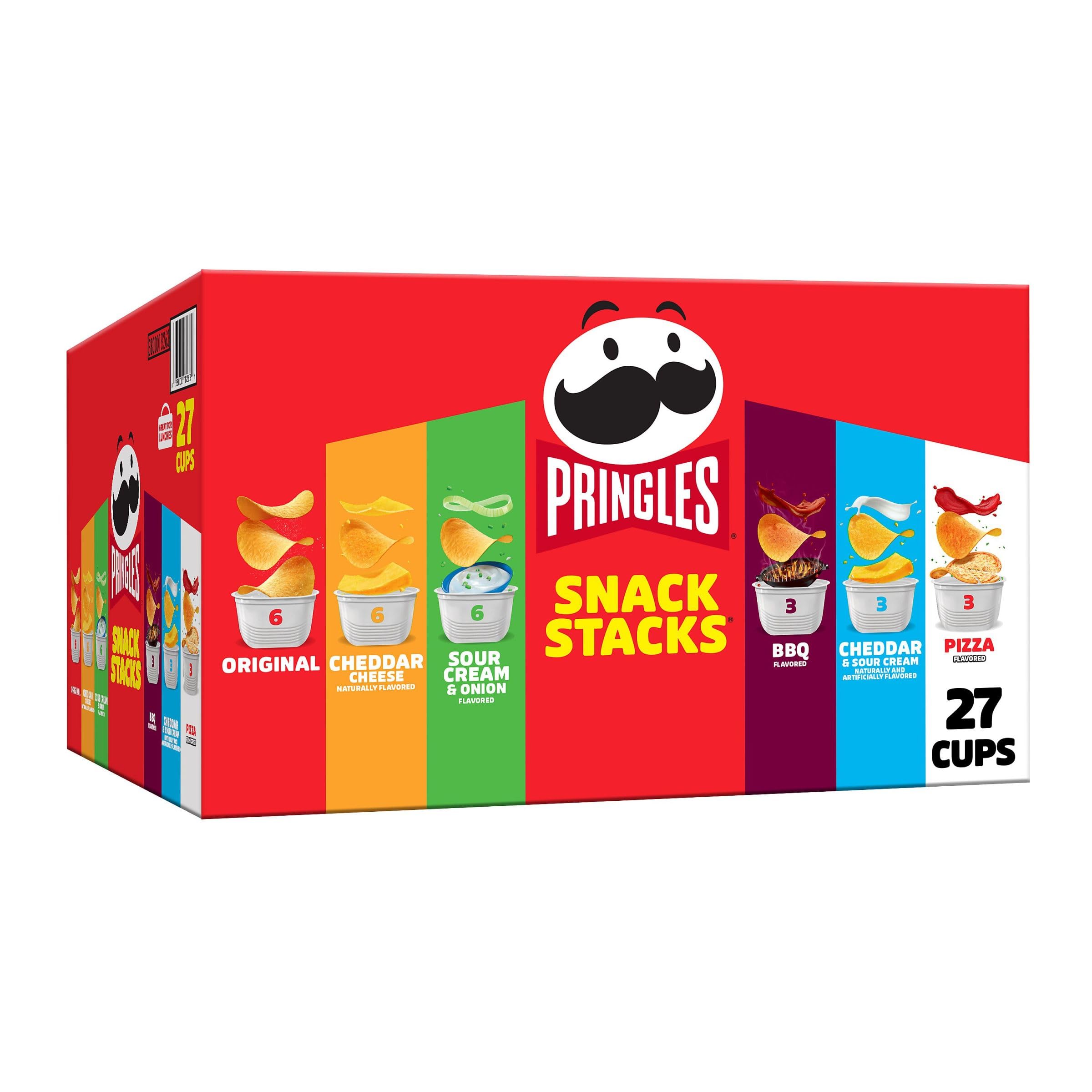Pringles Potato Crisps Variety Pack (27 Cups) - Original, Sour Cream & Onion, BBQ - Perfect for Lunch, Office, Kids Snacks & Party Food - Crunchy & Delicious Snack Stacks for Any Occasion