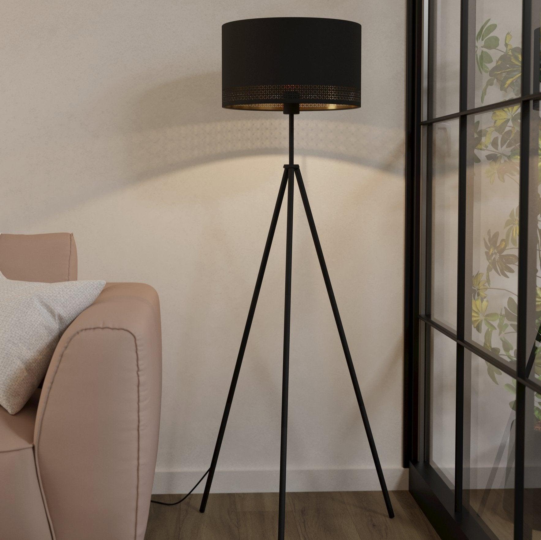 Eglo Esteperra Black Tripod Floor Lamp with Black & Gold Shade - Modern Lighting for Living Room, Bedroom, or Office Decor