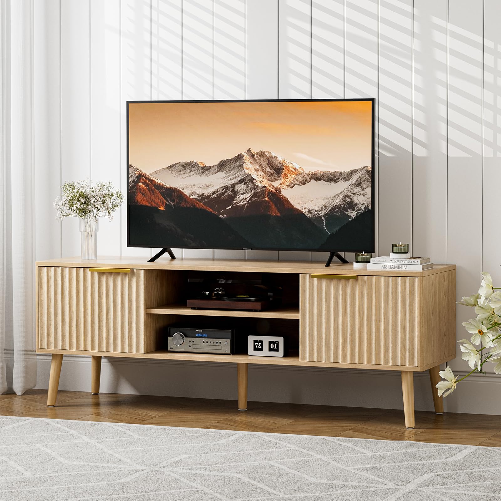 Modern TV Stand for 55/60/65 Inch TVs - Oak Entertainment Center with Fluted Door Cabinets & Open Shelves - Living Room & Bedroom Media Console - Perfect for Home Theater & Family Entertainment Spaces