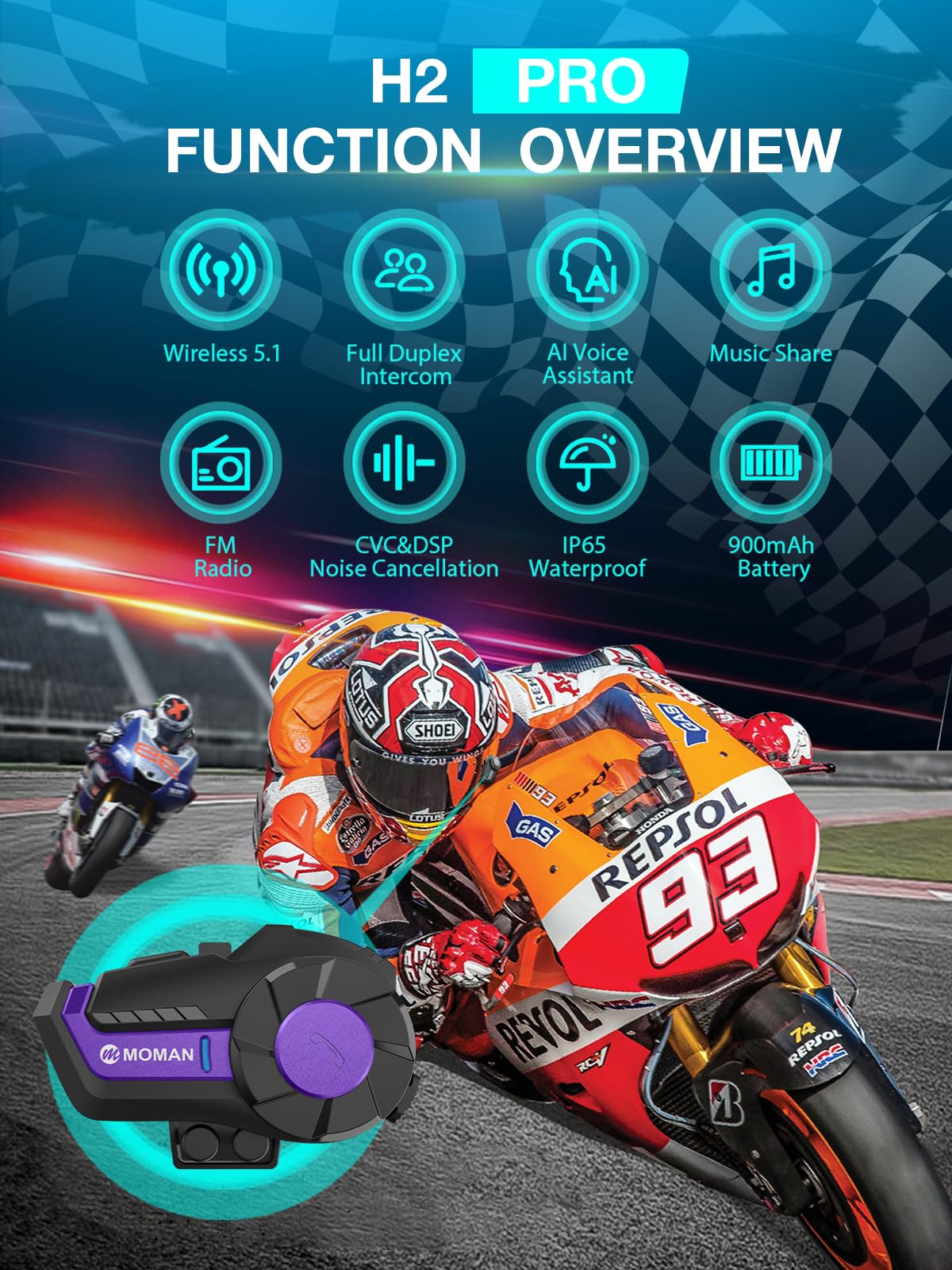 Moman H2Pro Wireless Motorcycle Helmet Headset - 1 Pack Purple, Bluetooth Helmet Communication System with Voice Assistant, Music Sharing & FM Radio, IP65 Waterproof, DSP & CVC Noise Cancellation - Perfect for Motorcycle Riders, Group Riding, Touring & Adventure Trips