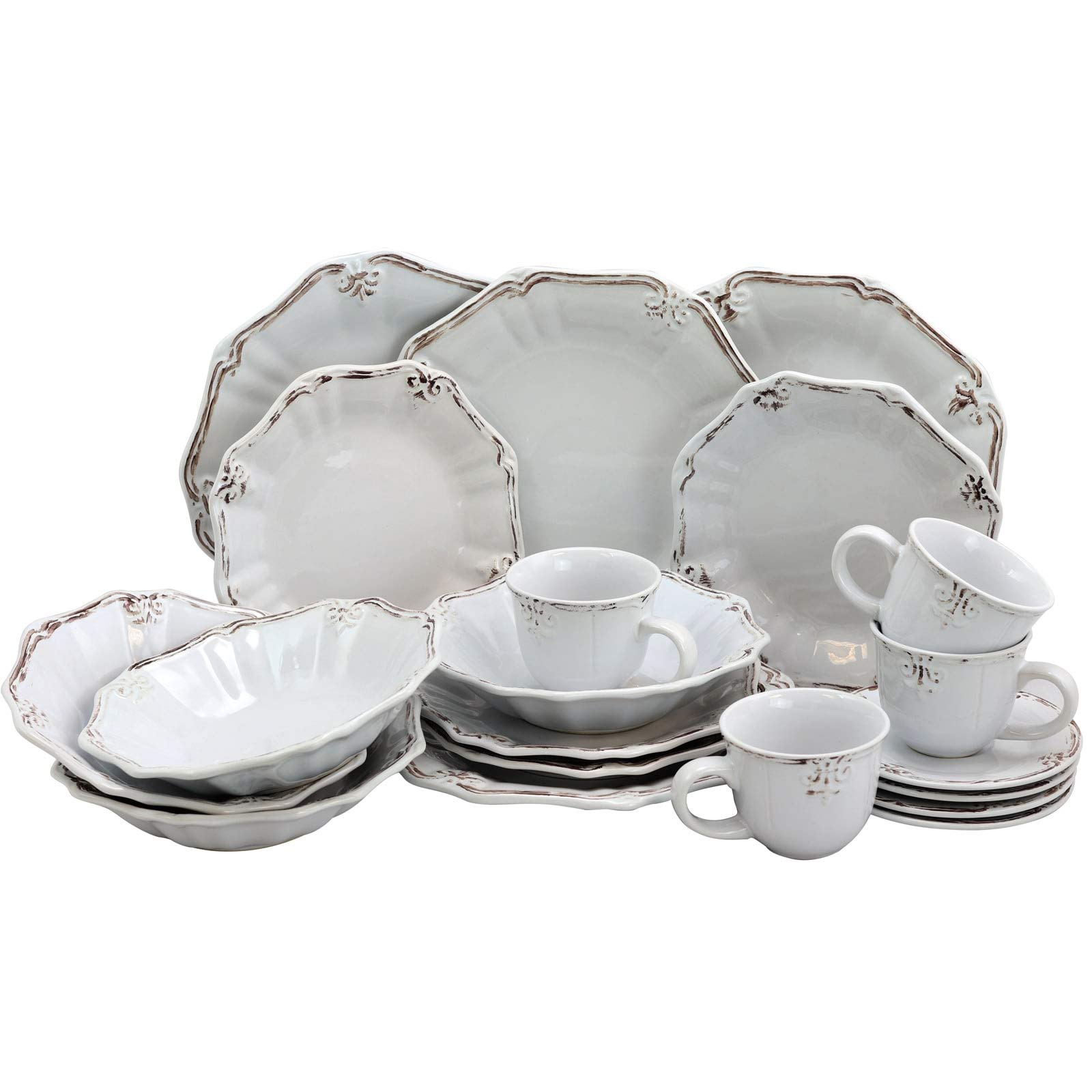 20-Piece White Textured Stoneware Dinnerware Set with Beveled Edge - Microwave Safe, Dishwasher Safe - Perfect for Casual Dining, Family Gatherings & Everyday Use
