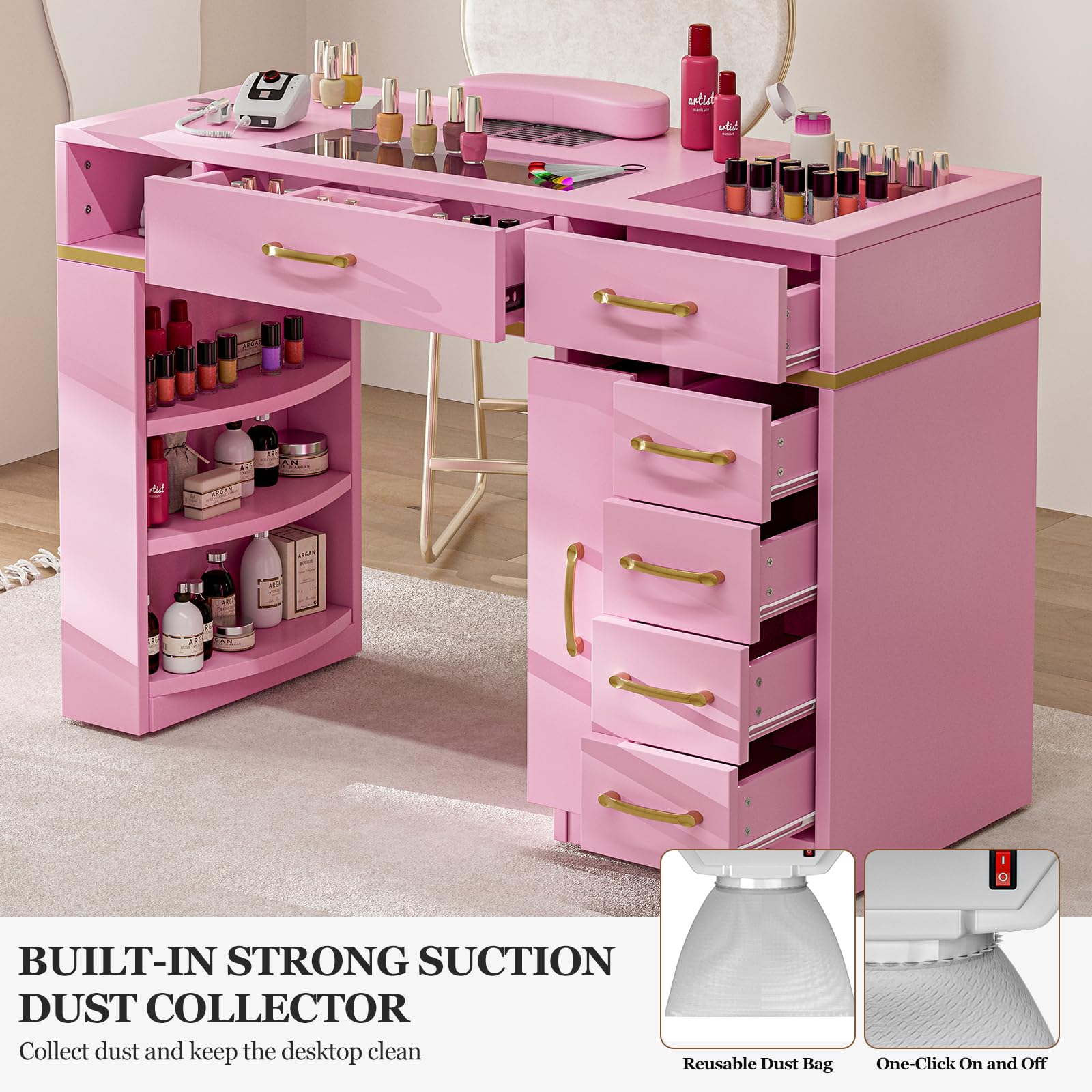 Premium Nail Salon Table with Electric Downdraft Ventilation - Paddie Glass Top Manicure Station with 3-Tier Open Shelves, Golden Handles & Drawers, Arm Rest - Perfect for Professional Nail Technicians & Home Beauty Salons (Pink)