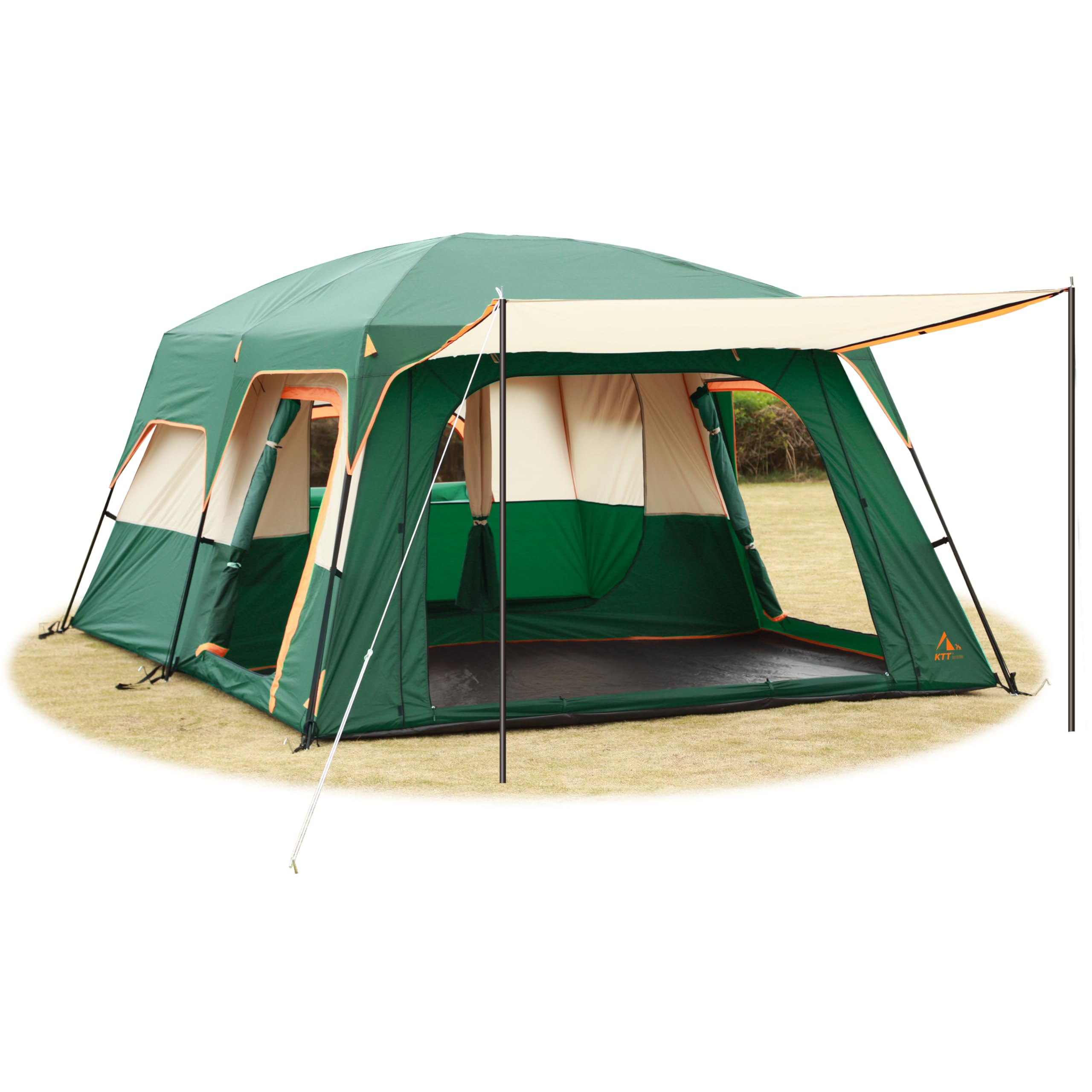 KTT Extra Large Family Cabin Tent for 10-12-14 People (Style-B) - 2 Rooms, 3 Doors & 3 Windows with Mesh, Straight Wall Design, Waterproof Double Layer - Perfect for Camping, Picnics, Outdoor Adventures & Family Gatherings