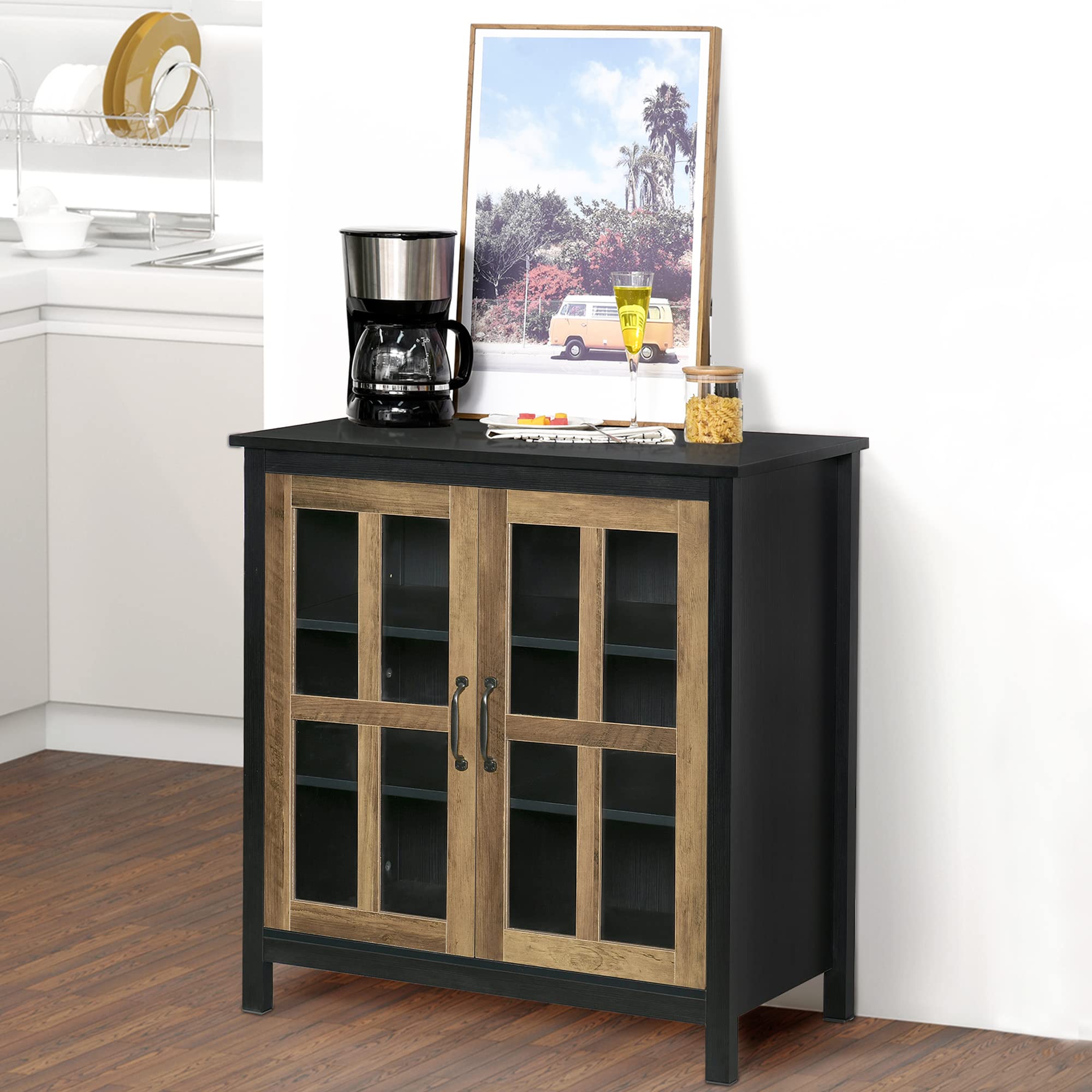 HOMCOM Sideboard Buffet Cabinet with Glass Doors - Kitchen Storage Cabinet, Entryway Accent Furniture with Adjustable Shelves for Living Room - Black Wood Grain Finish | Perfect for Dining Room Storage, Hallway Decor & Home Organization