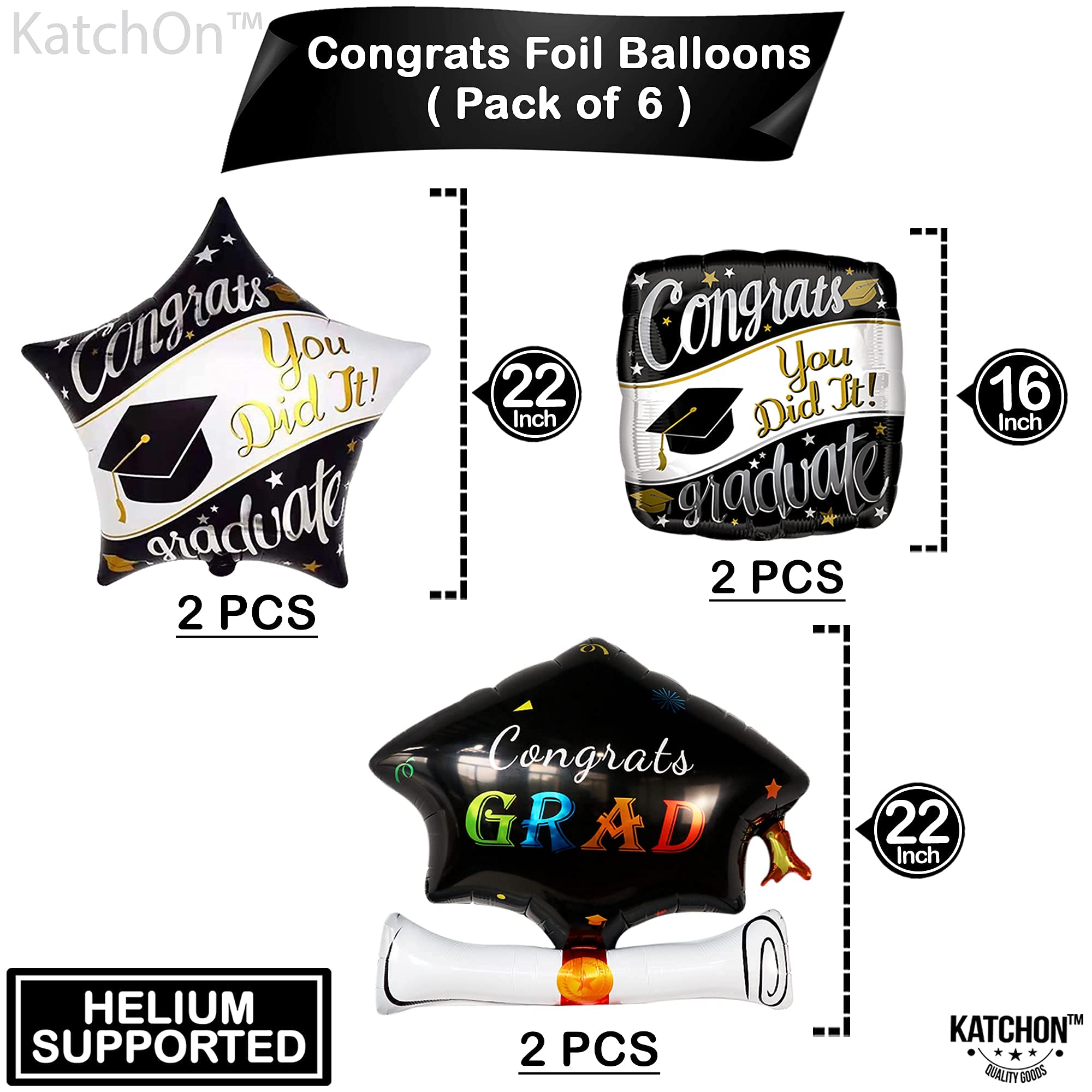 KatchOn Graduation Balloons 22 Inch - Pack of 6 Foil Mylar Balloons for Class of 2024 Decorations | Perfect for Graduation Parties, School Events & Photo Backdrops