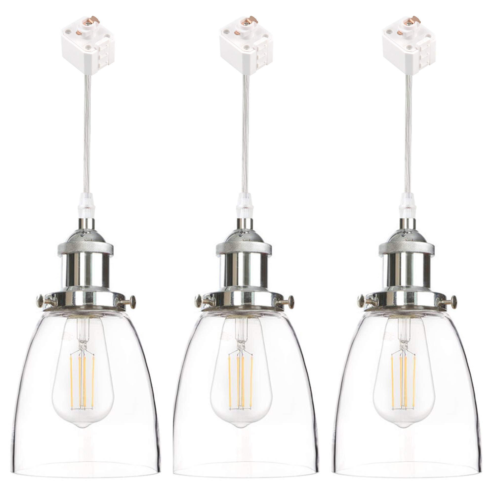 Industrial H-Type Track Light with Clear Glass Cone Shade - Chrome E26 Socket, 1ft Pendant Lamp - Dimmable & Customizable 3-Light Fixture for Restaurants, Factories & Modern Home Lighting
