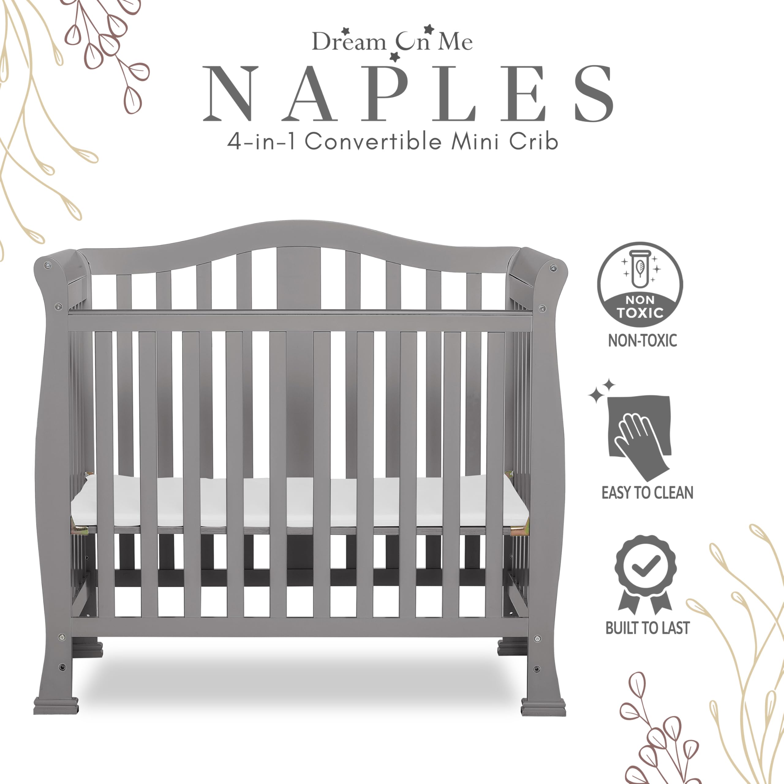 Dream On Me Addison 4-in-1 Convertible Mini Crib - Steel Grey | Greenguard Gold Certified | Non-Toxic New Zealand Pinewood | Includes 1