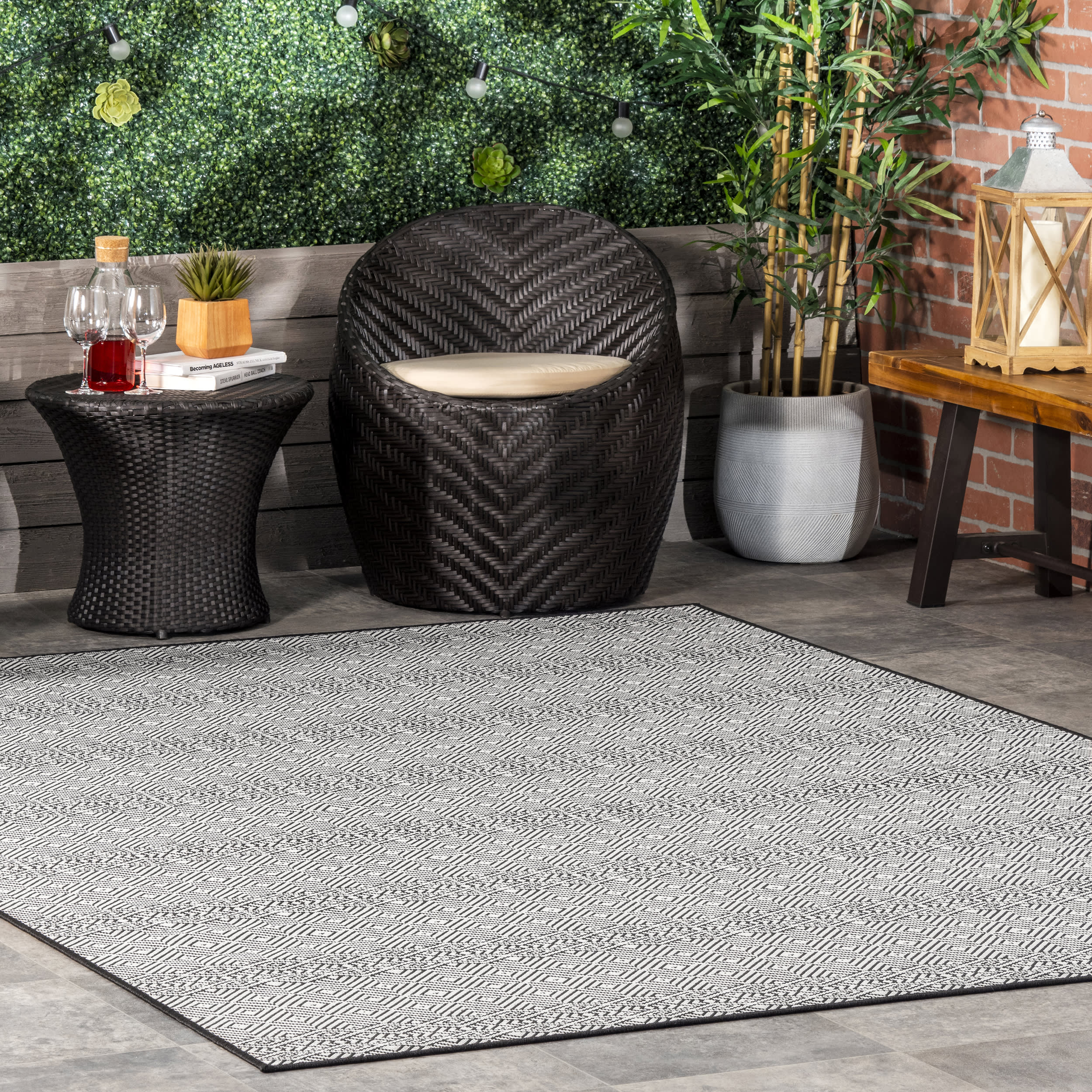 Birdseye Striped Indoor Outdoor Rug - Black | Durable & Stylish for Living Room, Patio, or Entryway