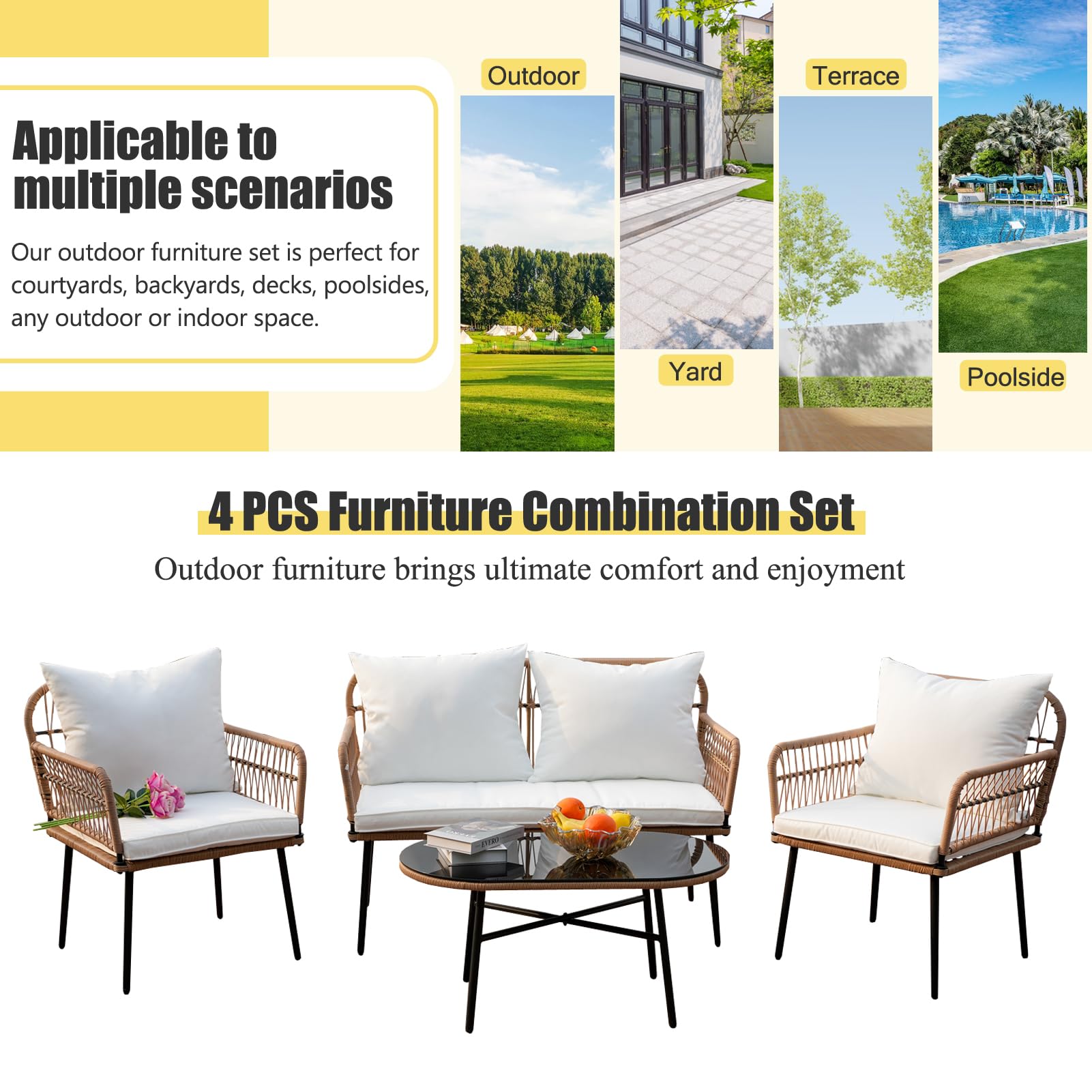 Homsido 4-Piece Boho Patio Furniture Set - Outdoor Wicker Chairs with Washable White Cushions & Glass Coffee Table - Perfect for Balcony, Garden, or Backyard Relaxation