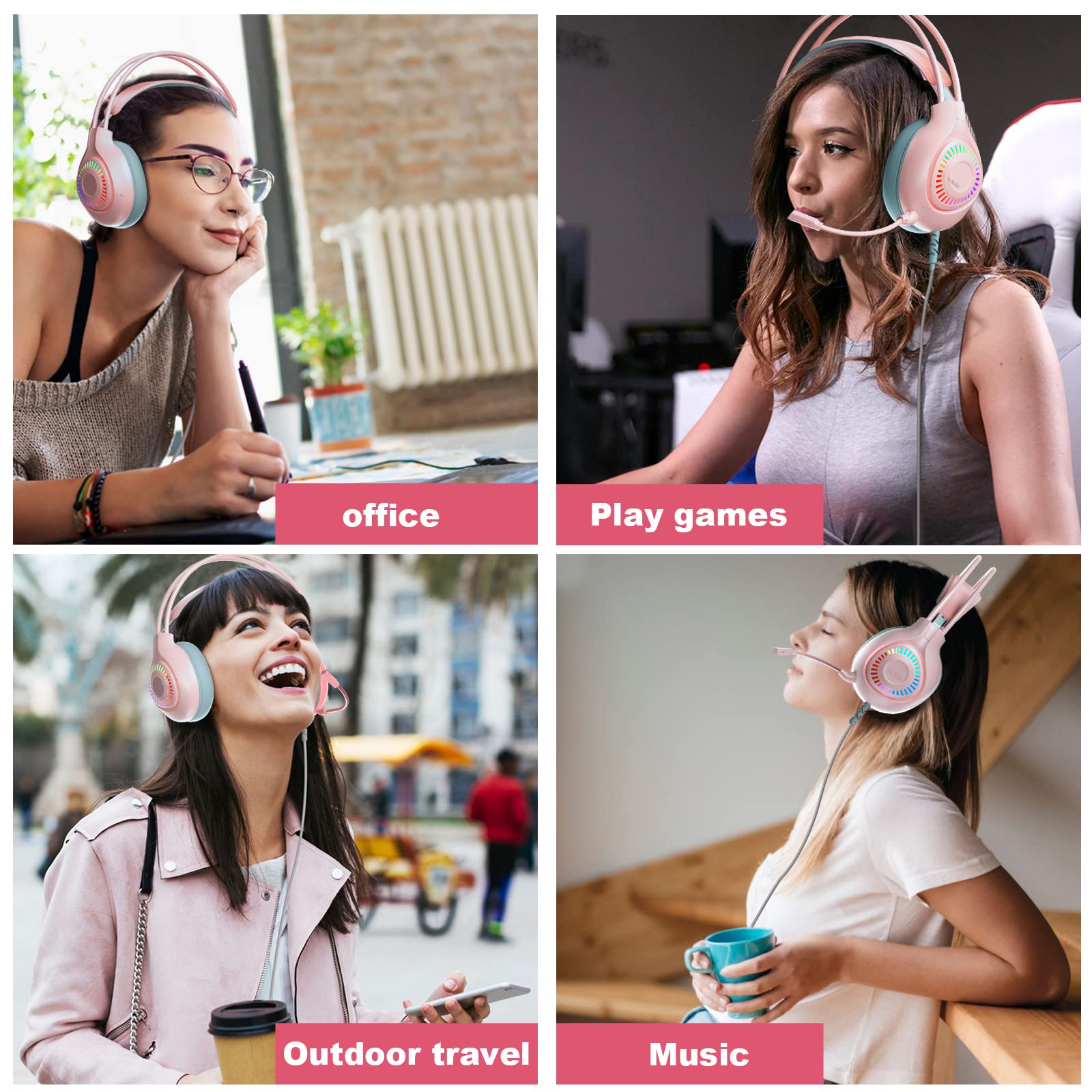 Anivia G1 Pink Gaming Headset - Wired Over-Ear Headphones with Noise Isolation Mic & LED Lights for PS5, PS4, Xbox One, PC, Nintendo Switch - Immersive Surround Sound for Gaming, Streaming & Online Chat