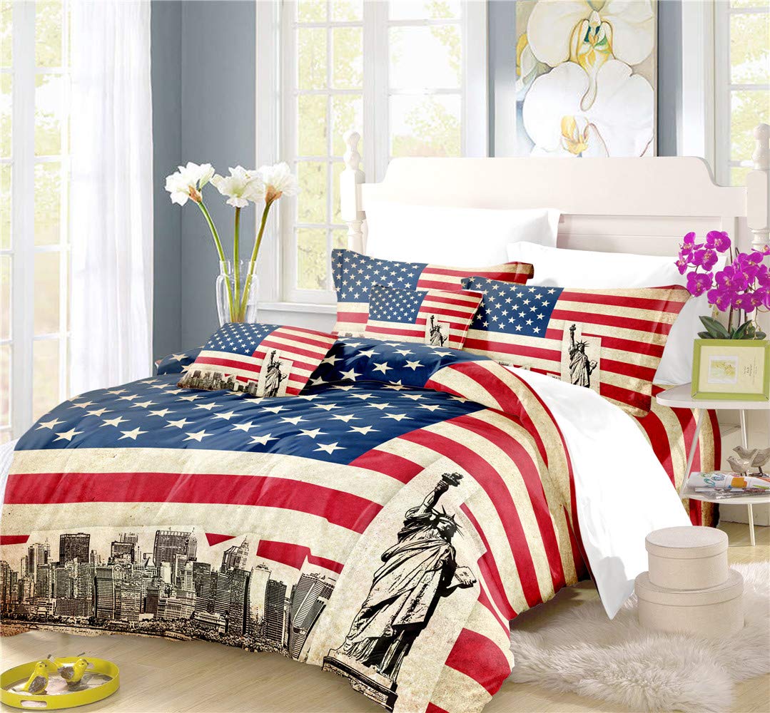 REALIN Stars and Stripes Duvet Cover Set - Vintage American Flag Bedding in Red, White & Blue - 2/3/4PC Quilt Cover with Sheets & Pillow Shams - Twin/Full/Queen/King Size (B, King 229x259cm 4PC) - Perfect for Patriotic Bedroom Decor, 4th of July Celebrations & Americana Themed Rooms