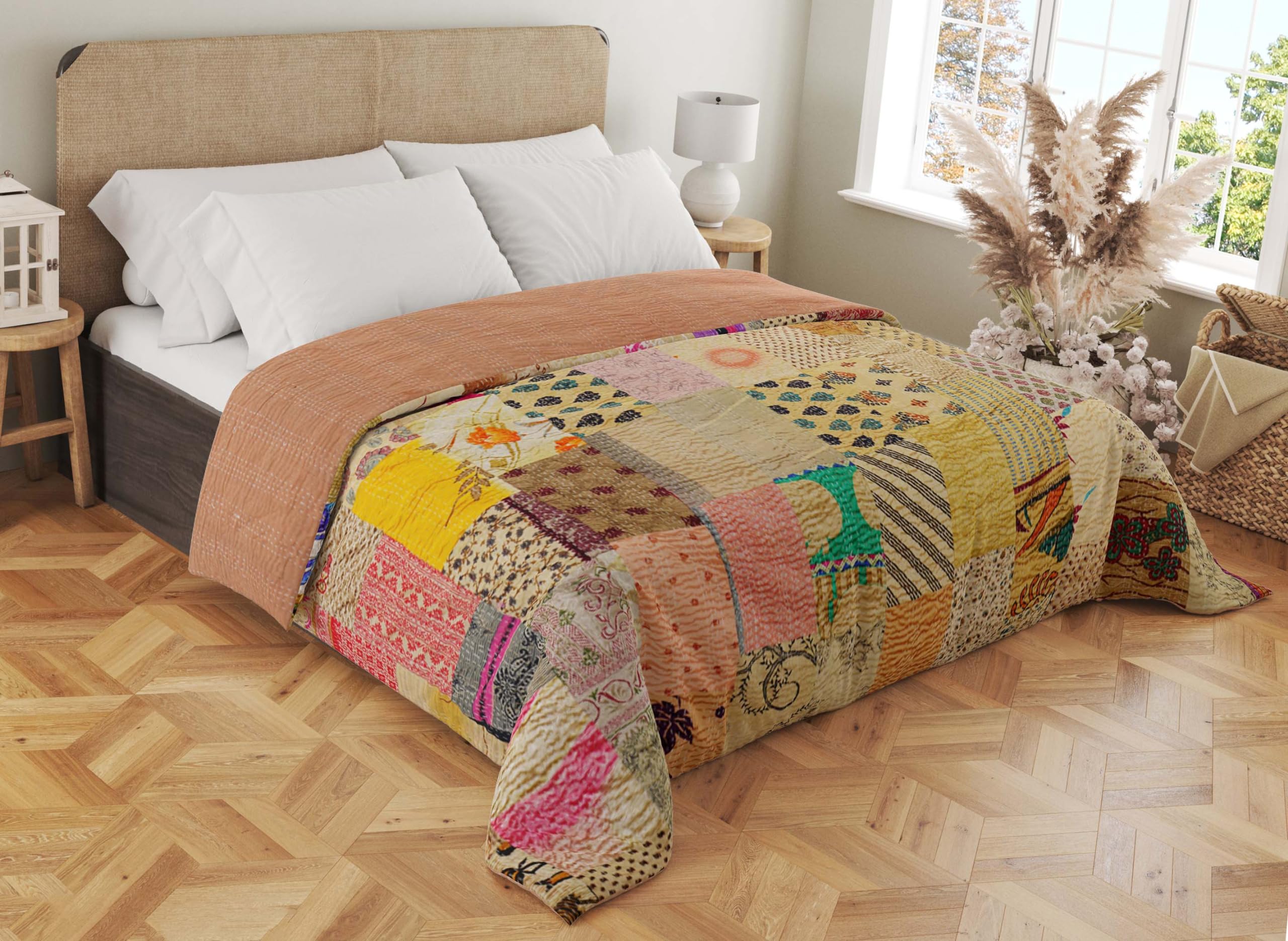 Marubhumi Handmade Cotton Kantha Quilt - Indian Silk Sari Patchwork Blanket, Queen Size 90x108 Inches, Skin Cream - Cozy Bedspread for Home Decor, Guest Room & Boho Chic Style