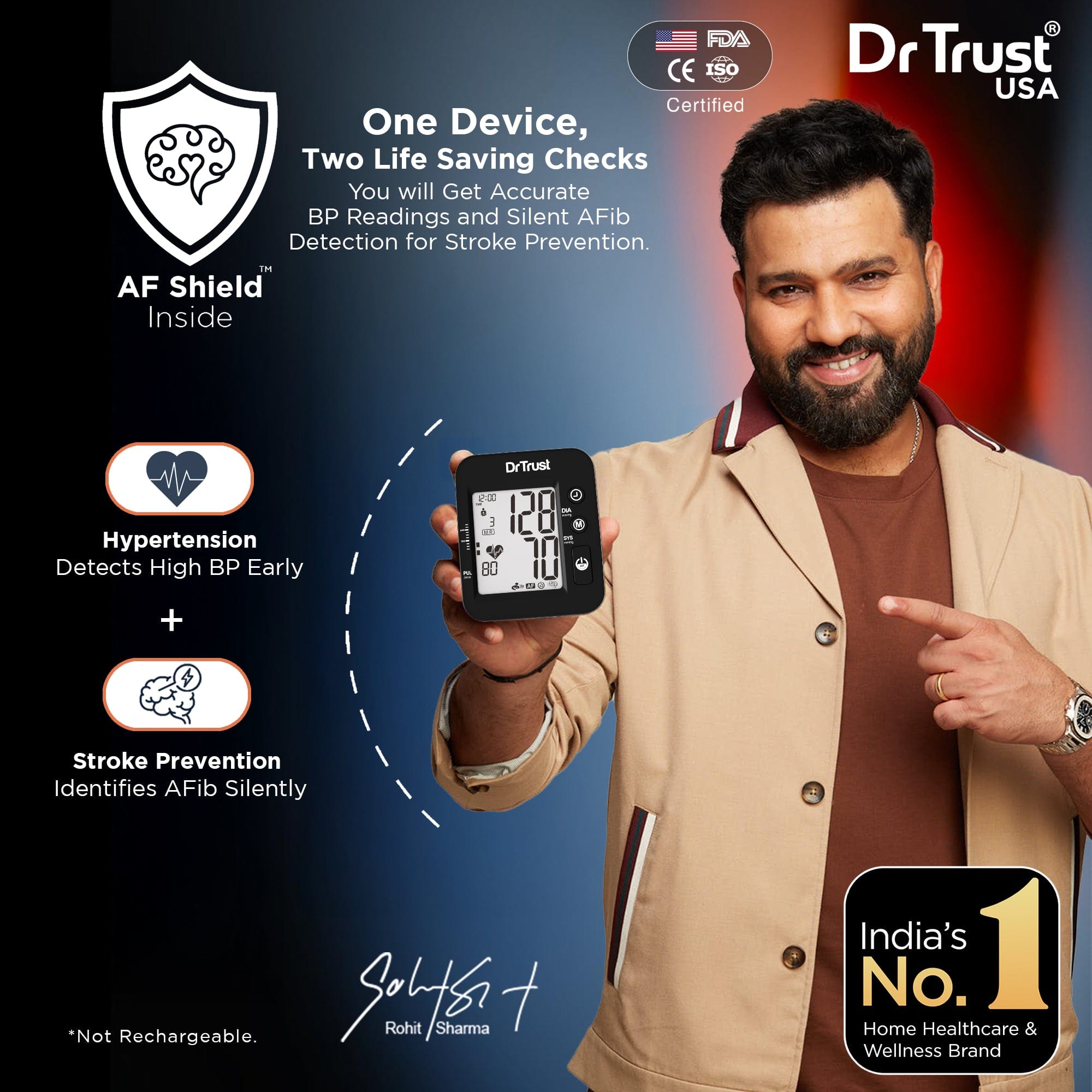 Dr Trust USA IntelliTrack Blood Pressure Monitor 131 - Accurate Digital BP Machine with Atrial Fibrillation (Afib) Detection, MDI Technology, USB & Battery Powered (4 AAA) - Home Health Monitoring for Stroke Prevention & Heart Care (Black)