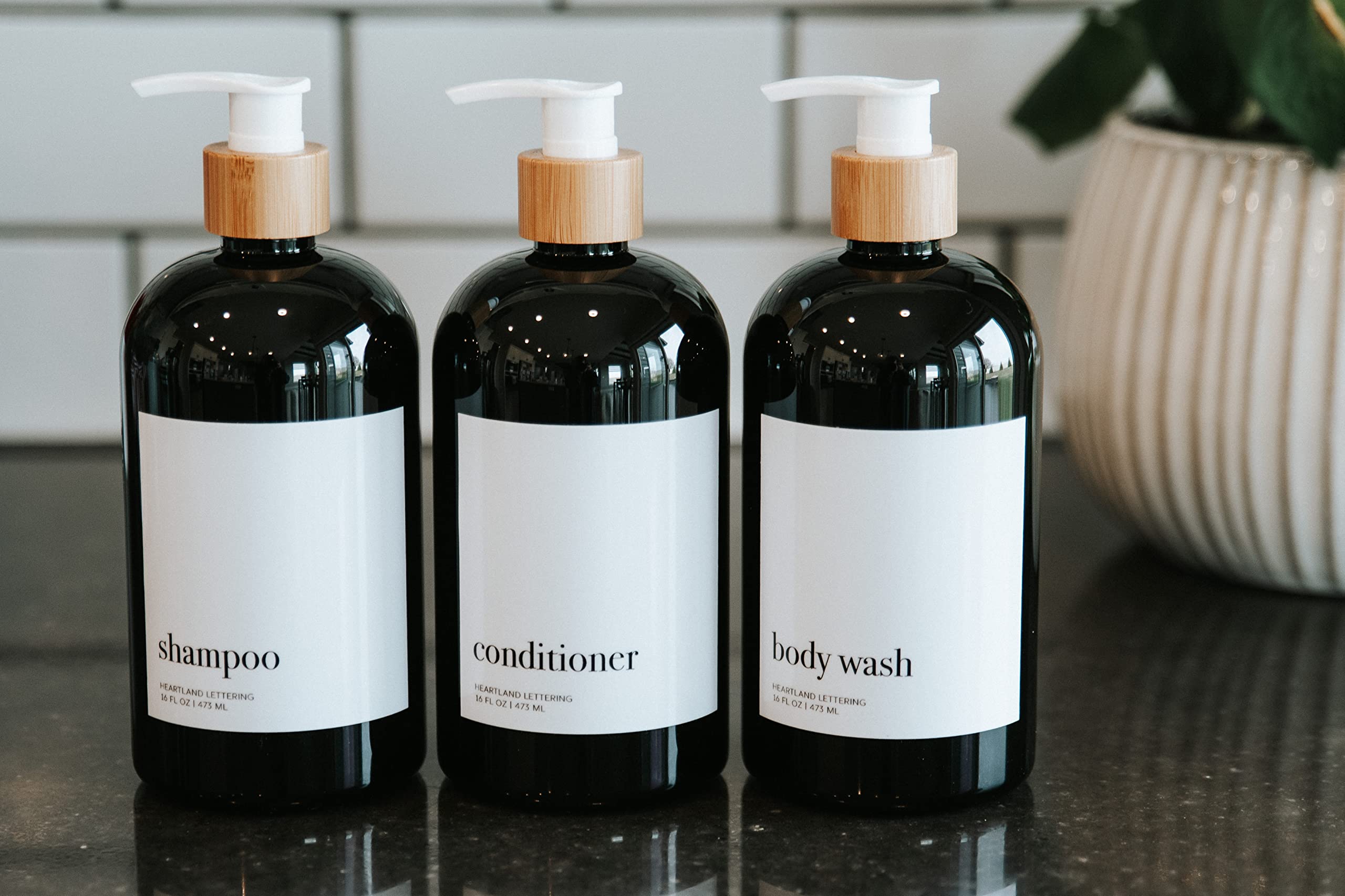 Bamboo Shampoo and Conditioner Dispenser Bottles Set of 3 - 16oz Black Plastic Pump Bottles for Shampoo, Conditioner & Body Wash | Perfect for Bathroom, Shower & Salon Organization