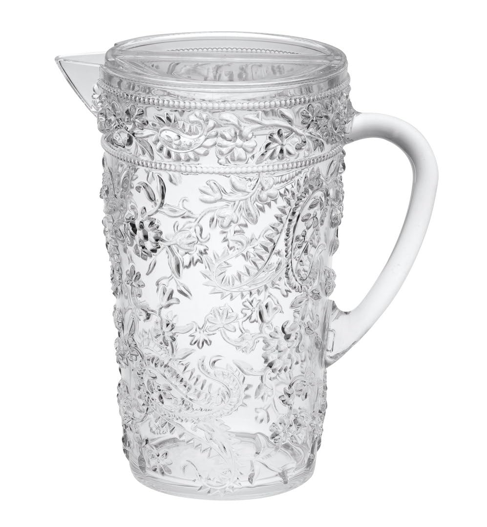 2.5 Quart BPA-Free Plastic Water Pitcher with Lid & Spout - Unbreakable Paisley Design for Juice, Iced Tea & Lemonade - Perfect for Parties, Picnics & Refrigerator Storage
