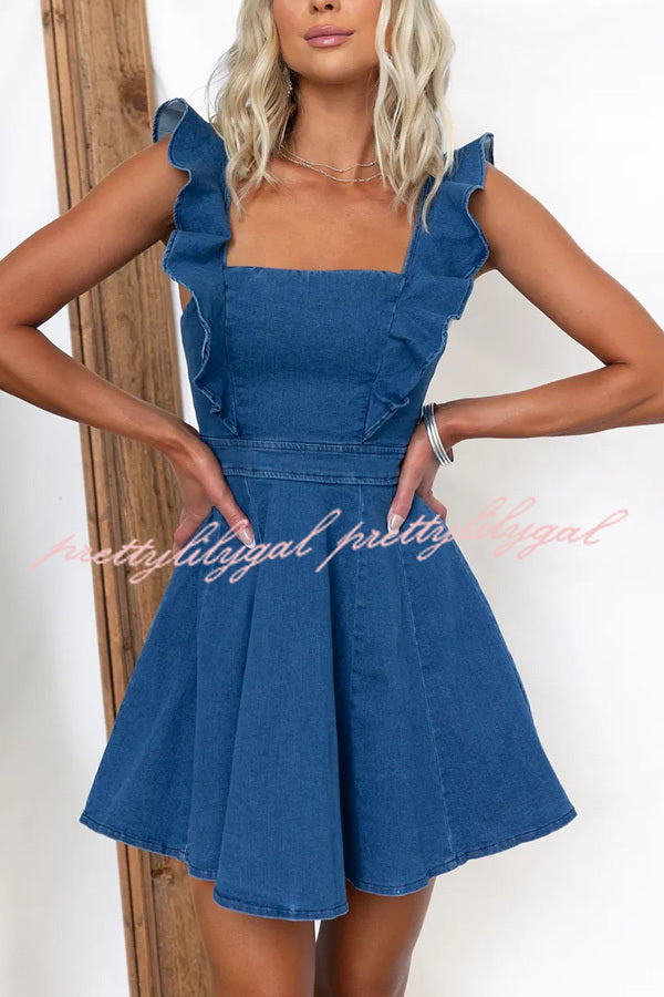 Sweet Secret Women's Denim Square Neck Ruffle Sleeve Stretch Mini Dress - Casual Summer Outfit for Date Night & Beach Vacation
