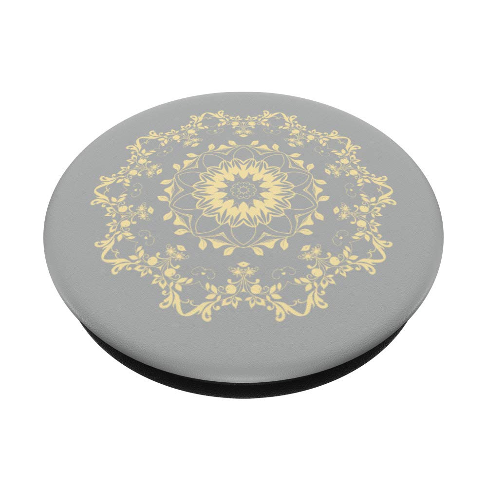 Pale Yellow on Grey Mandala Flower Design PopSocket PopGrip - Swappable Phone & Tablet Grip for Stylish Protection and Easy Handling