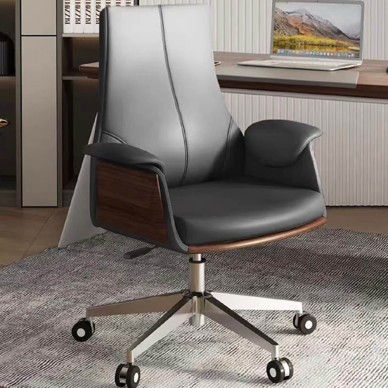 Minimalist Gray Leather Arc Office Chair with Flared Arms & Silver Metal Legs - Ergonomic Desk Chair for Home Office, Study, or Workspace