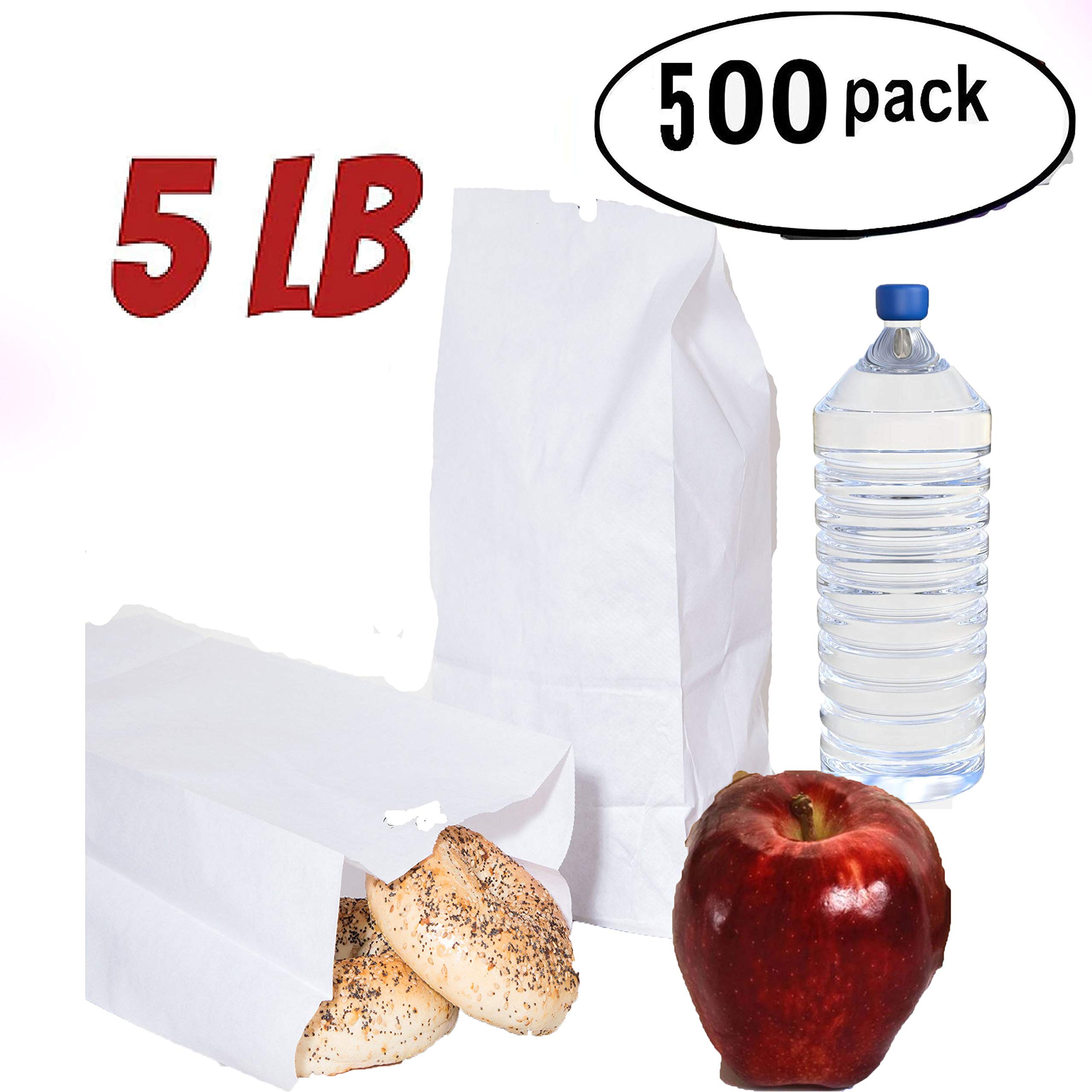 500 Pack 5 lb White Kraft Paper Bags - Small Lunch Bags, Sandwich Bags & Party Favors for Grocery, Takeout, Picnics & School Lunches