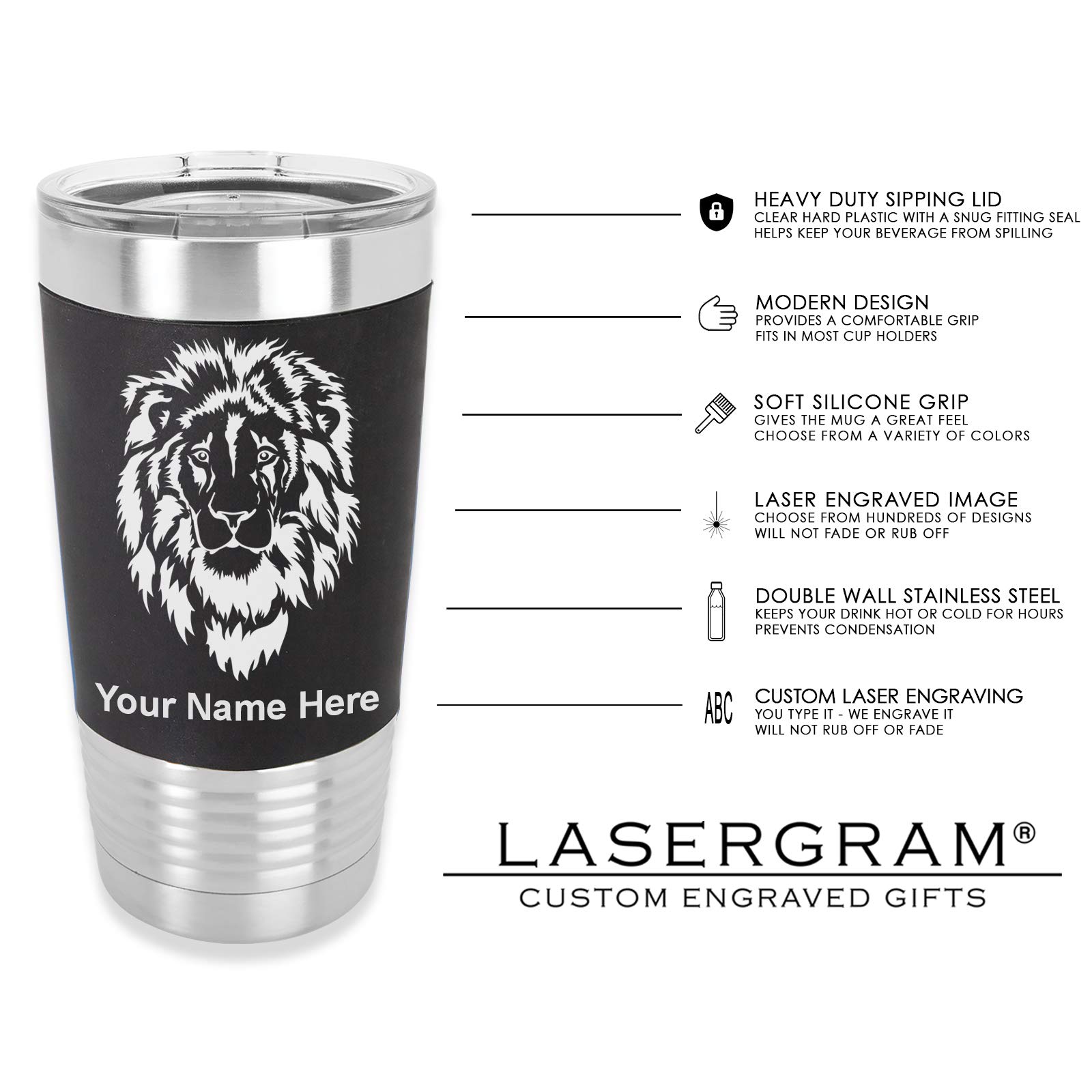 LaserGram 20oz Vacuum Insulated Stainless Steel Tumbler Mug with Silicone Grip - Personalized Engraving Included (Black, Ankh Design) - Perfect for Coffee, Tea & Cold Drinks at Home, Office or Travel