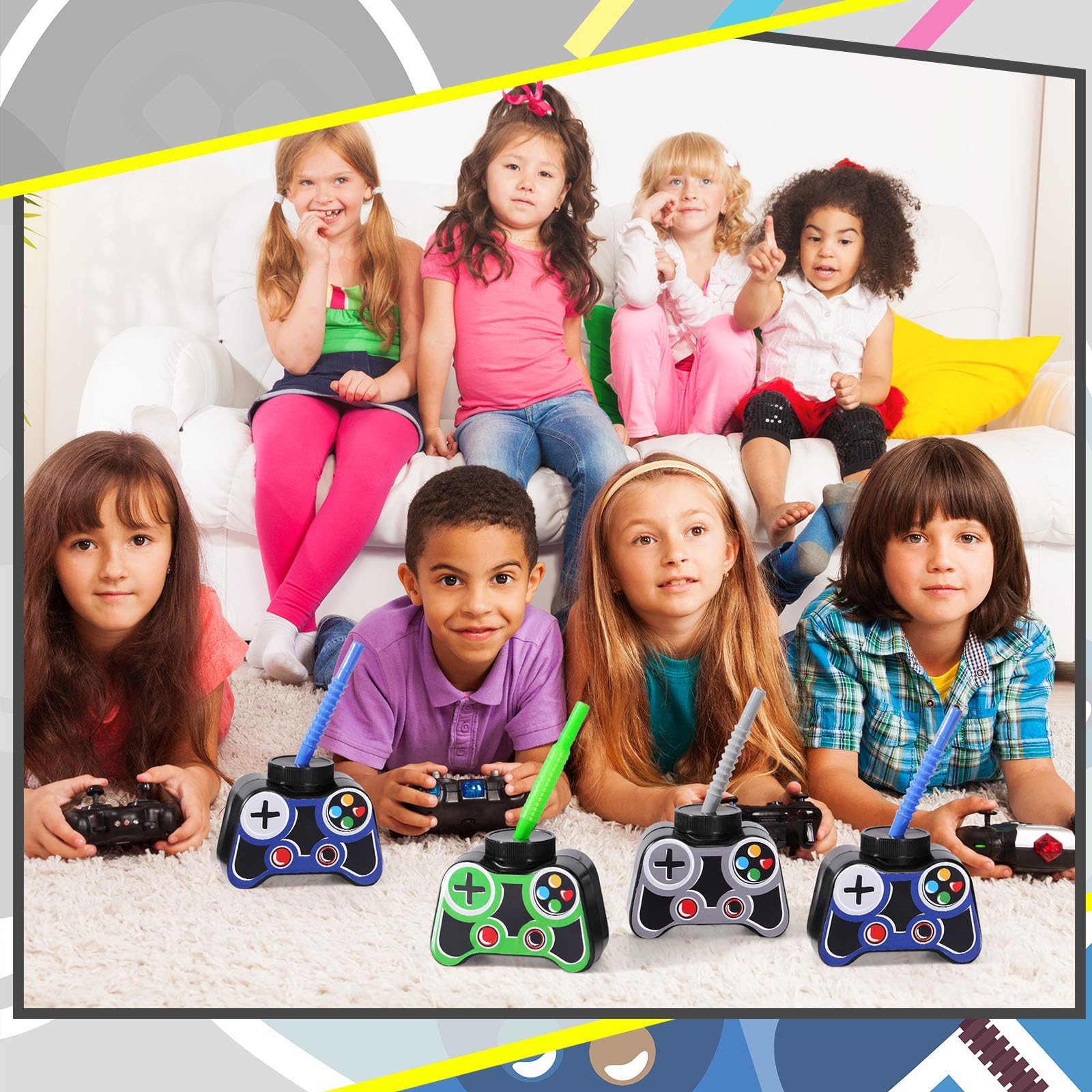 12 Pack 10oz Plastic Video Game Themed Cups with Straw & Lid - Gray Gaming Party Drinkware for Boys Birthday, Game Night & Esports Events