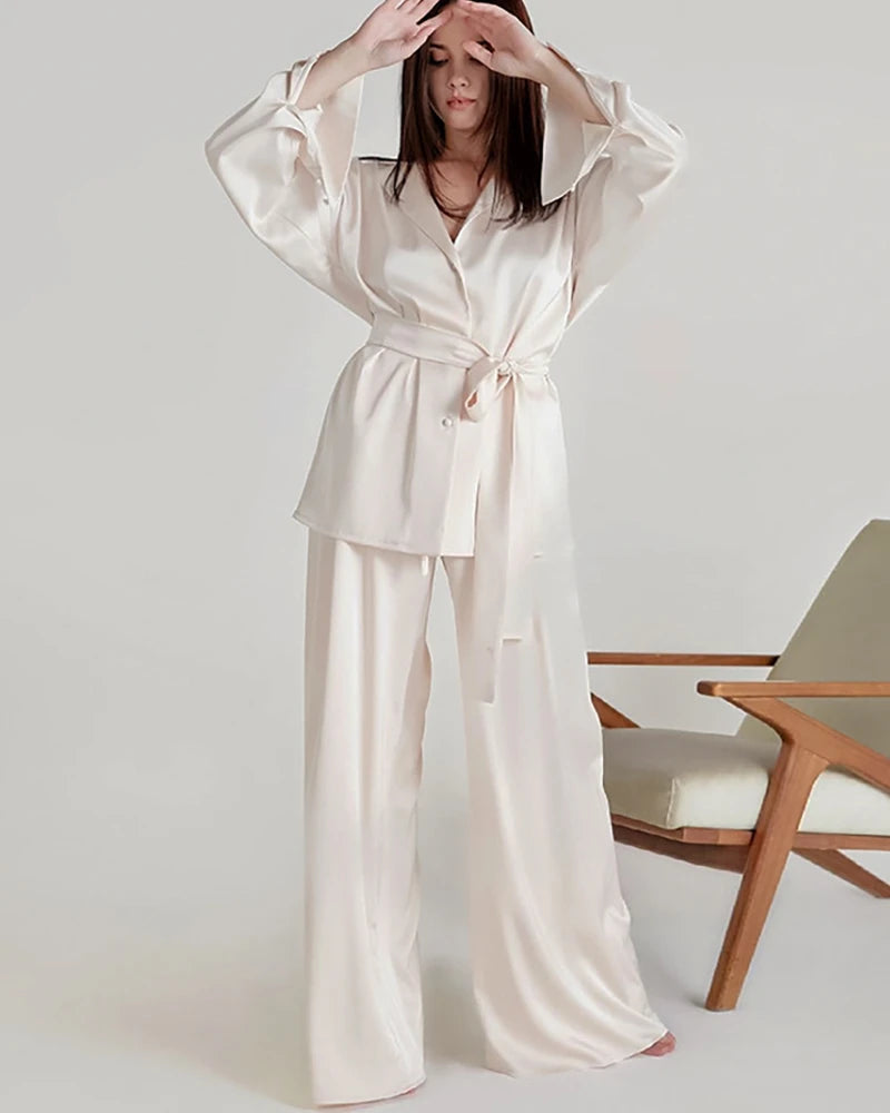Luxury Oversized Silk Pajama Set for Women with Adjustable Belt - Soft Comfortable Sleepwear for Nighttime Relaxation & Spa Days