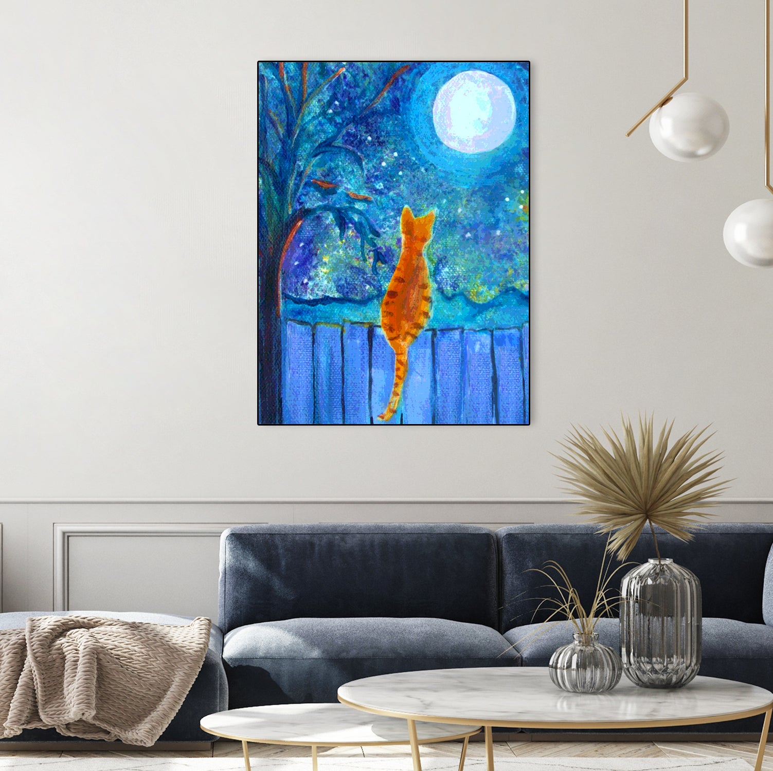 Moonlight Cat on Fence - Stunning Nighttime Wall Art for Home & Office Decor
