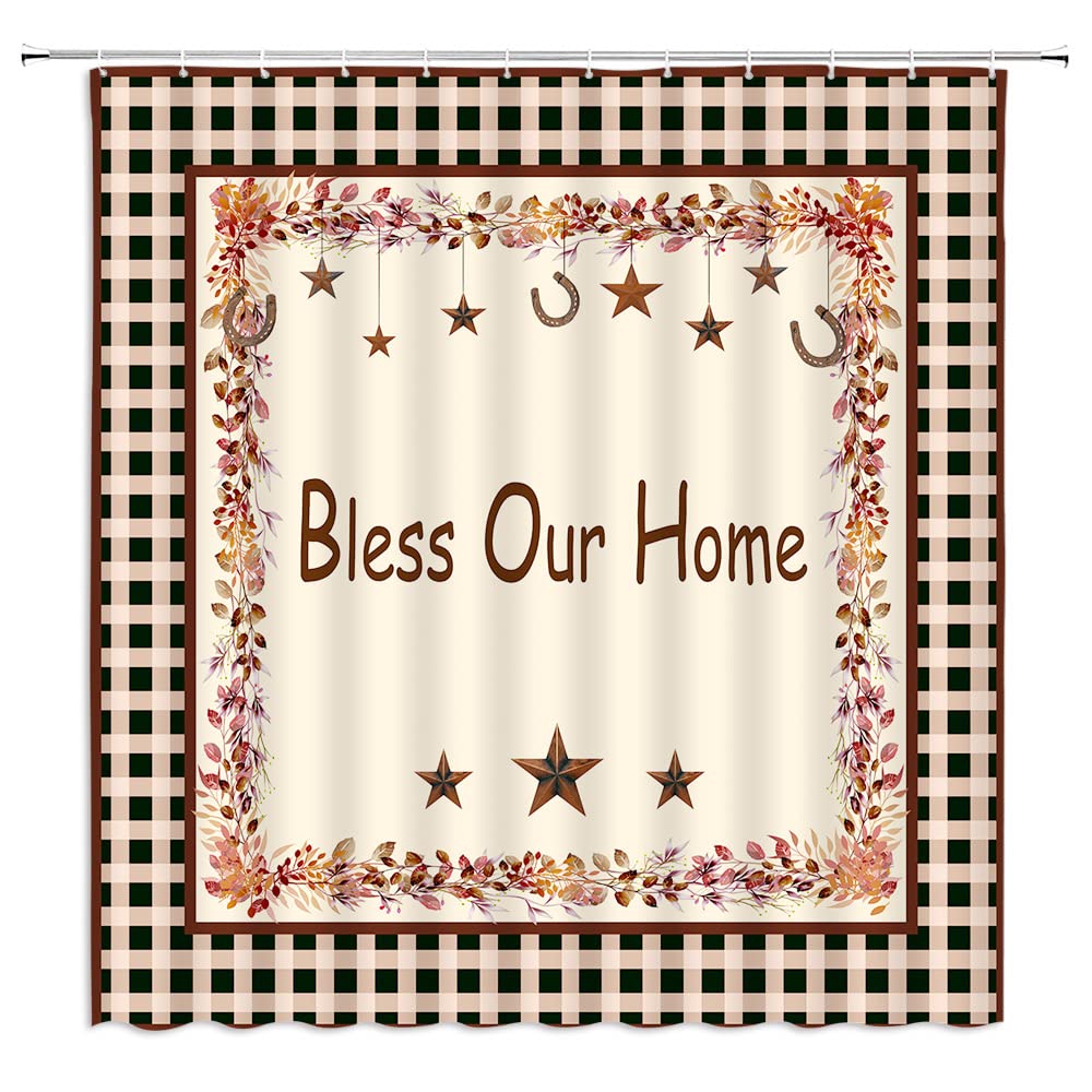Black Tan Buffalo Check Plaid Shower Curtain - Farmhouse Western Style with Texas Star & Berry Design - Rustic Country Bathroom Decor for Fall & Vintage Farmhouse Theme - Funny Quote Primitive Retro Fabric Curtain with Hooks - Perfect for Farmhouse, Cabin, or Country Style Bathrooms