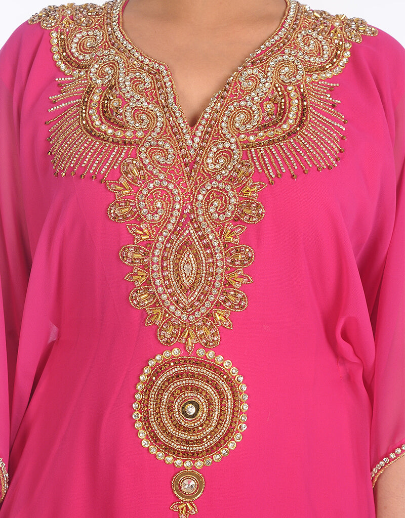 Elegant Arabic Pink Georgette Kaftan with Hand Embroidery - Perfect for Parties, Weddings & Special Occasions | Women's Luxury Evening Wear