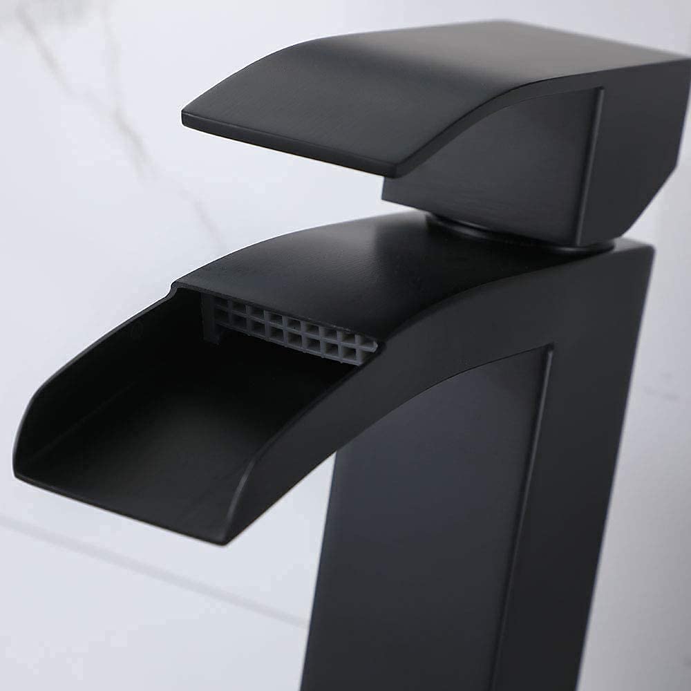 Black Single Handle Waterfall Vessel Sink Faucet with Pop-Up Drain - Tall RV Bathroom Faucet for Vanity Sink, Includes Two 3/8