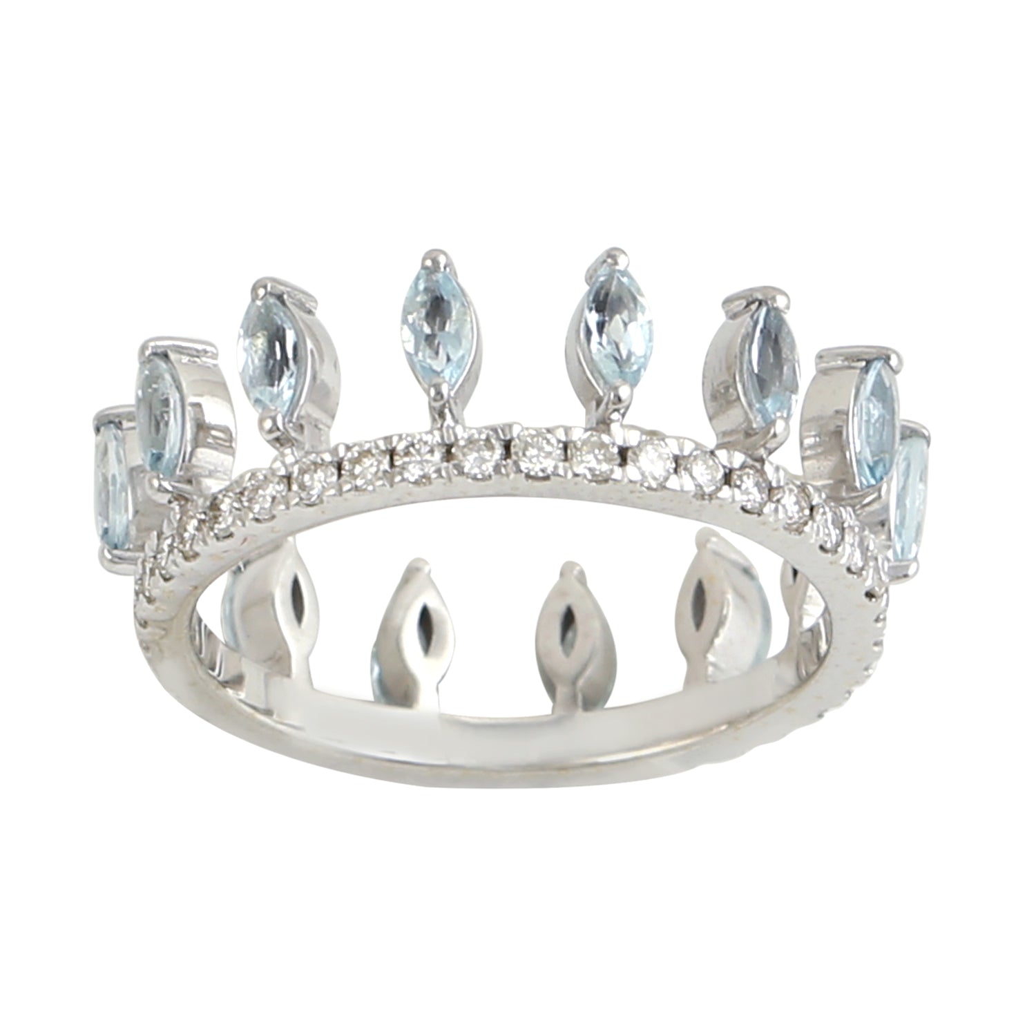 Exquisite Marquise Cut Aquamarine Pave Diamond Tiara Band Ring in 14K White Gold | Elegant Bridal Jewelry for Weddings & Special Occasions