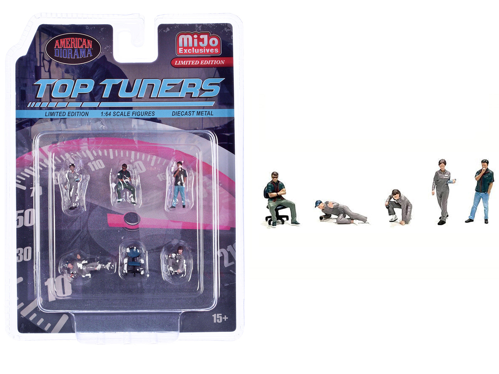 Top Tuners 6-Piece Diecast Figure Set (5 Figures + 1 Chair) - Limited Edition 1/64 Scale Model Car Accessories by American Diorama - Perfect for Car Display, Diorama Scenes & Collectors