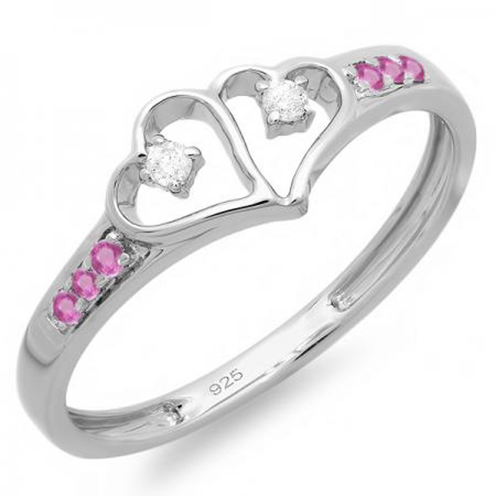 Dazzlingrock Round White Diamond & Pink Sapphire Promise Ring for Women - Sterling Silver Double Heart Love Engagement Ring - Perfect for Proposals, Anniversaries & Romantic Gifts