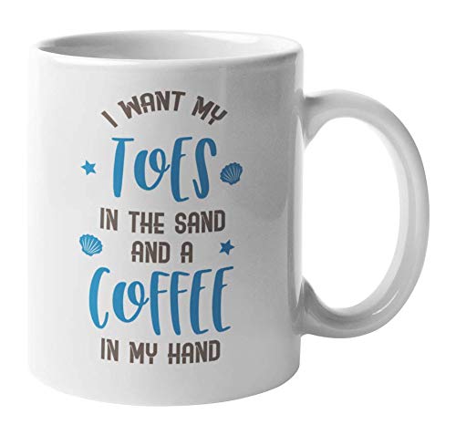 11oz Coffee & Tea Mug - 'Toes in Sand Coffee in Hand' Summer Vacation Ceramic Cup - Perfect for Beach Trips, Relaxing at Home, and Gifts